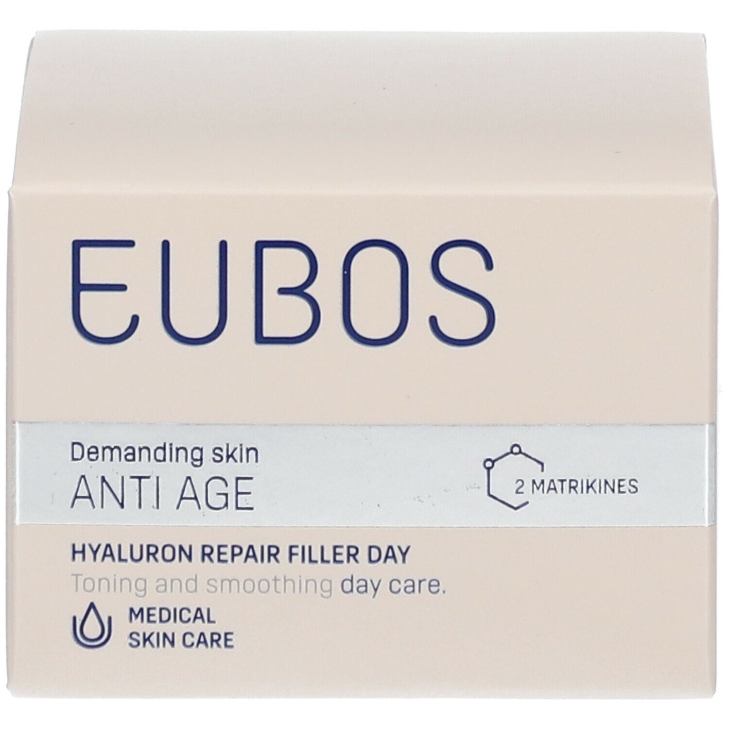 Boîte avec logo EUBOS et informations sur le produit. Texte : Demanding skin, ANTI AGE, Hyaluron Repair Filler Day.
