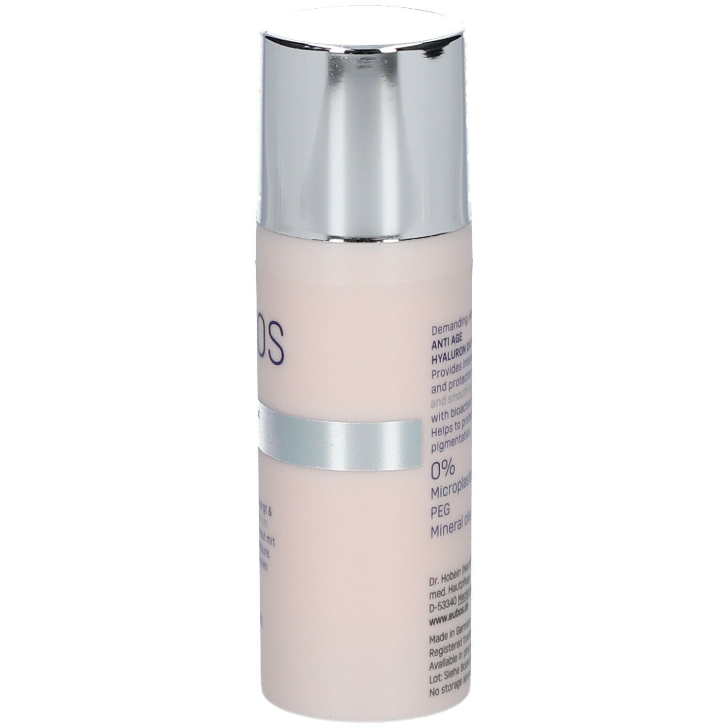 Creme-Flakon mit silbernem Deckel. Aufschrift: EUBOS, ANTI AGE, HYALURON DAY REPAIR PLUS.