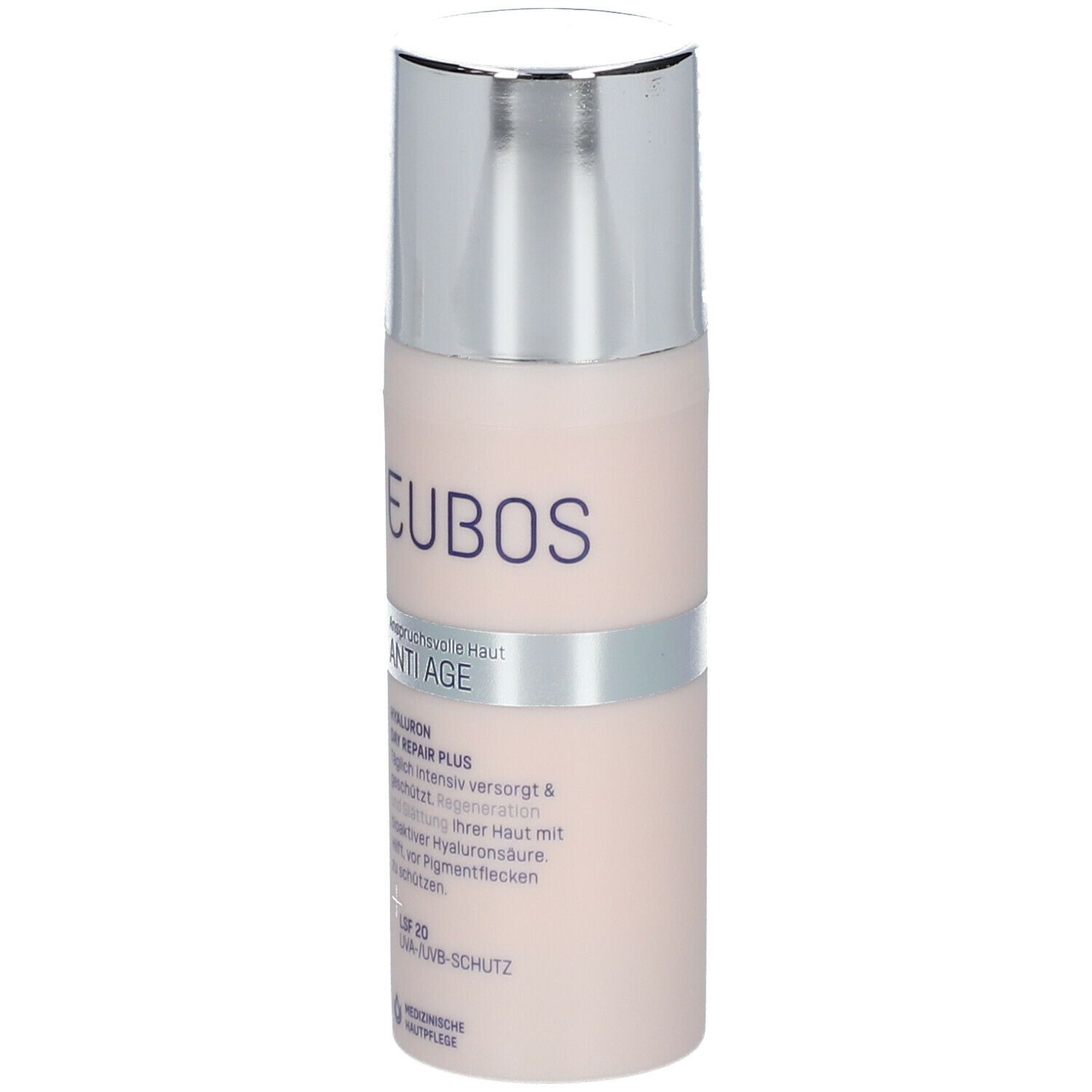 Creme-Flakon mit silbernem Deckel. Aufschrift: EUBOS, ANTI AGE, HYALURON DAY REPAIR PLUS, LSF 20.