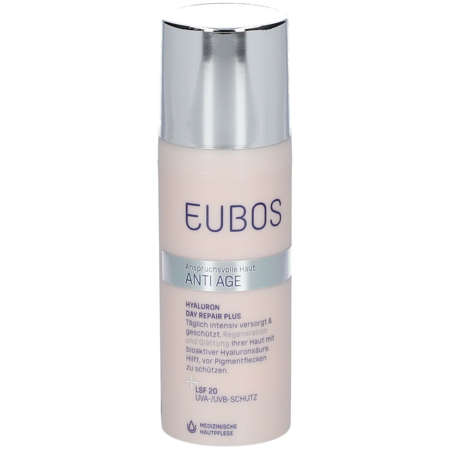 Creme-Flakon mit silbernem Deckel. Aufschrift: EUBOS, ANTI AGE, HYALURON DAY REPAIR PLUS, LSF 20.