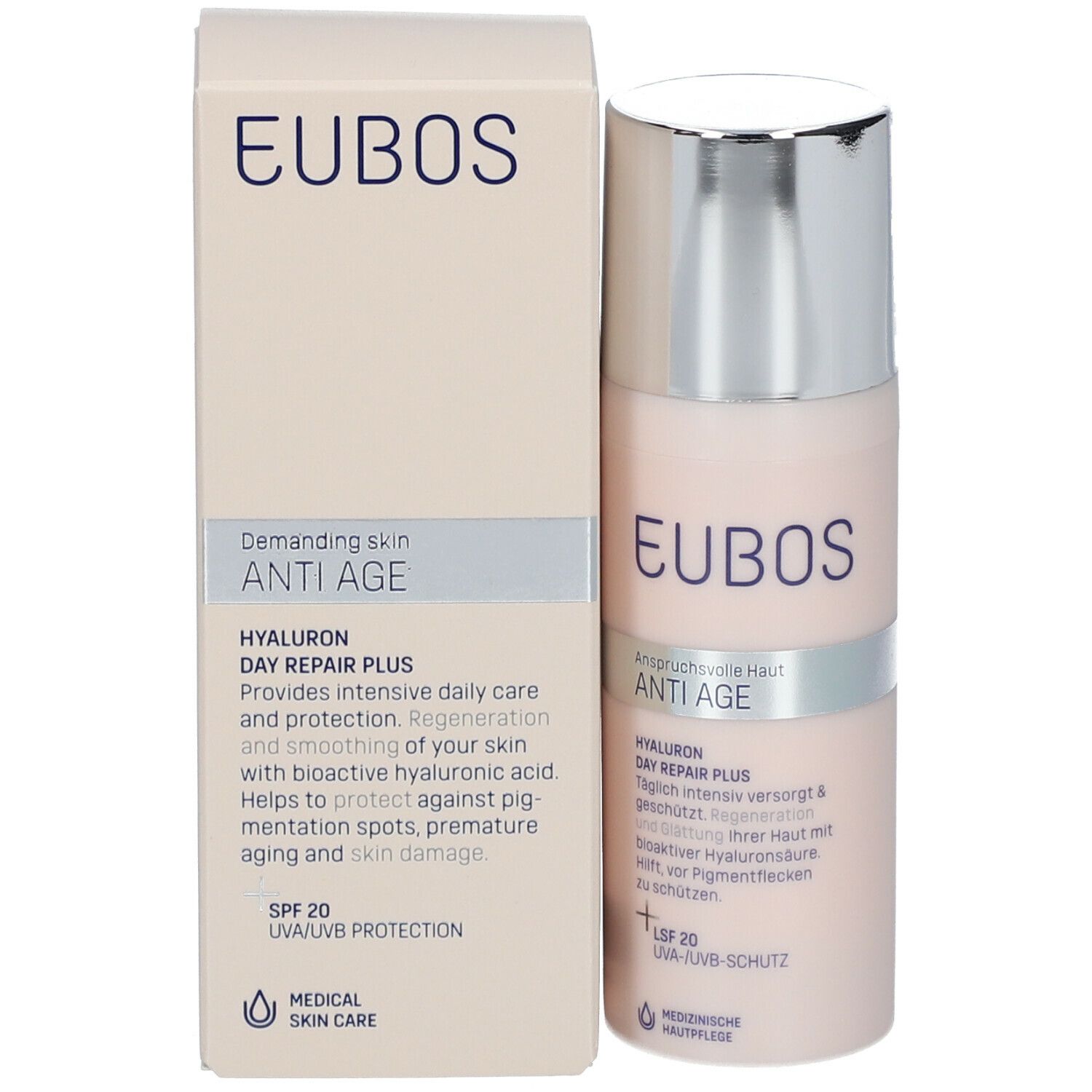 Produktverpackung und Creme-Flakon. Aufschrift: EUBOS, ANTI AGE, HYALURON DAY REPAIR PLUS, LSF 20.