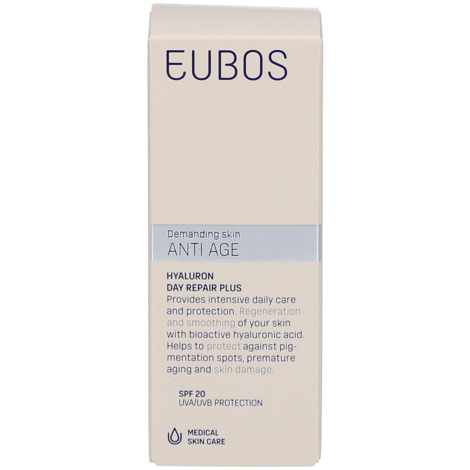 Produktverpackung. Aufschrift: EUBOS, ANTI AGE, HYALURON DAY REPAIR PLUS, LSF 20.