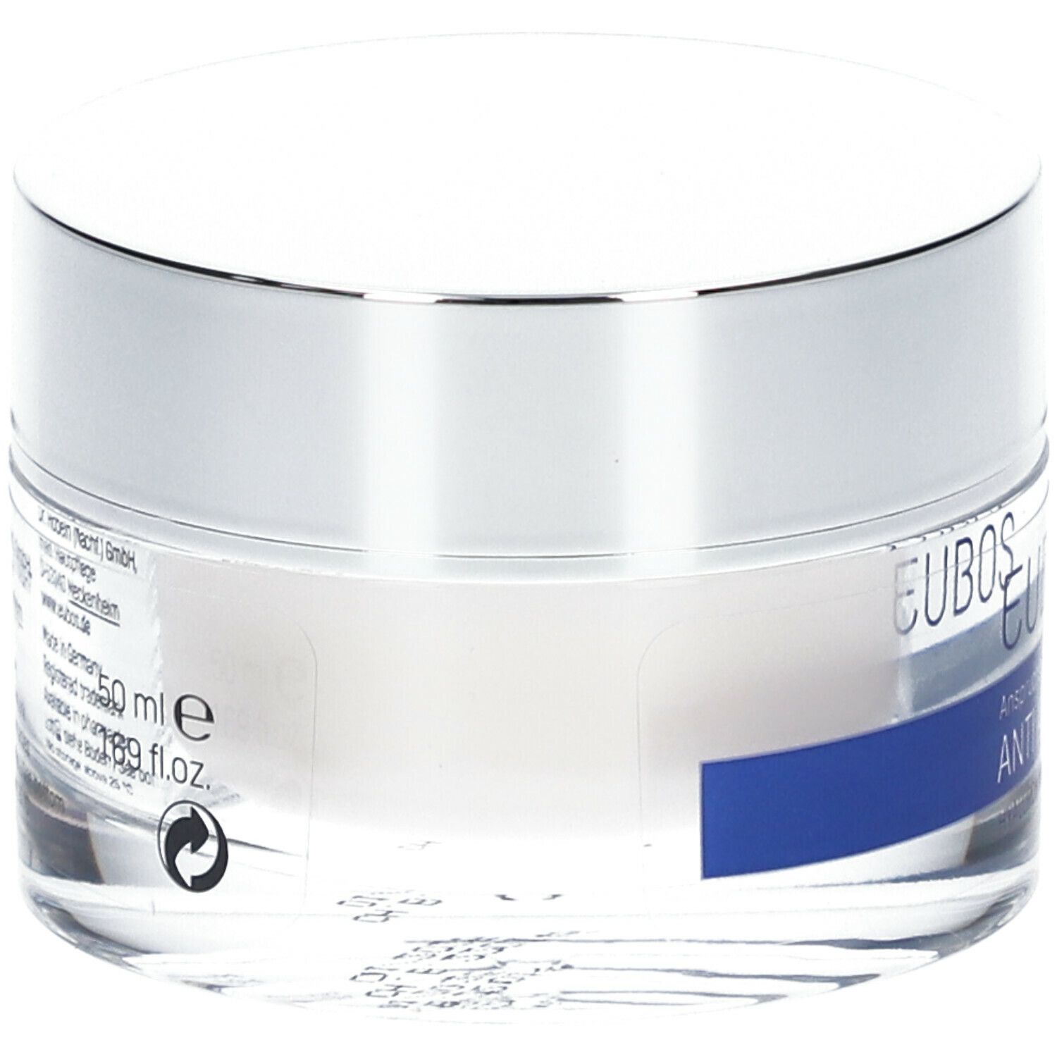 Creme-Glas mit silbernem Deckel. Aufkleber mit Informationen. EUBOS, ANTI AGE, HYALURON REPAIR FILLER NIGHT. 50 ml.