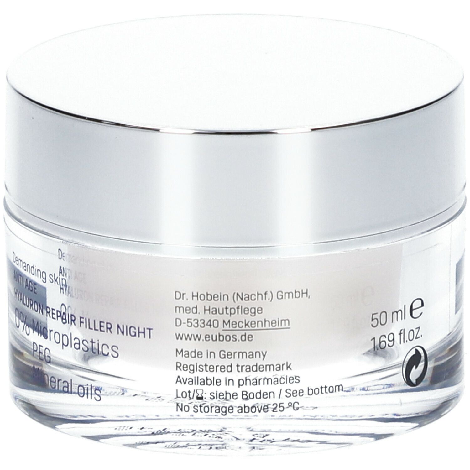 Creme-Glas mit silbernem Deckel. Aufkleber mit Informationen. EUBOS, HYALURON REPAIR FILLER NIGHT, 50 ml, 0% Mikroplastik.