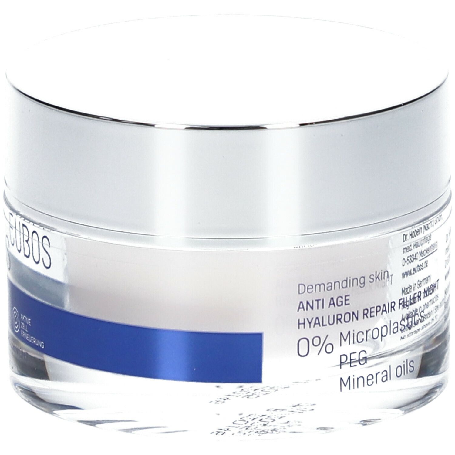 Creme-Glas mit silbernem Deckel. Aufkleber mit Informationen. EUBOS, ANTI AGE, HYALURON REPAIR FILLER NIGHT, 0% Mikroplastik.