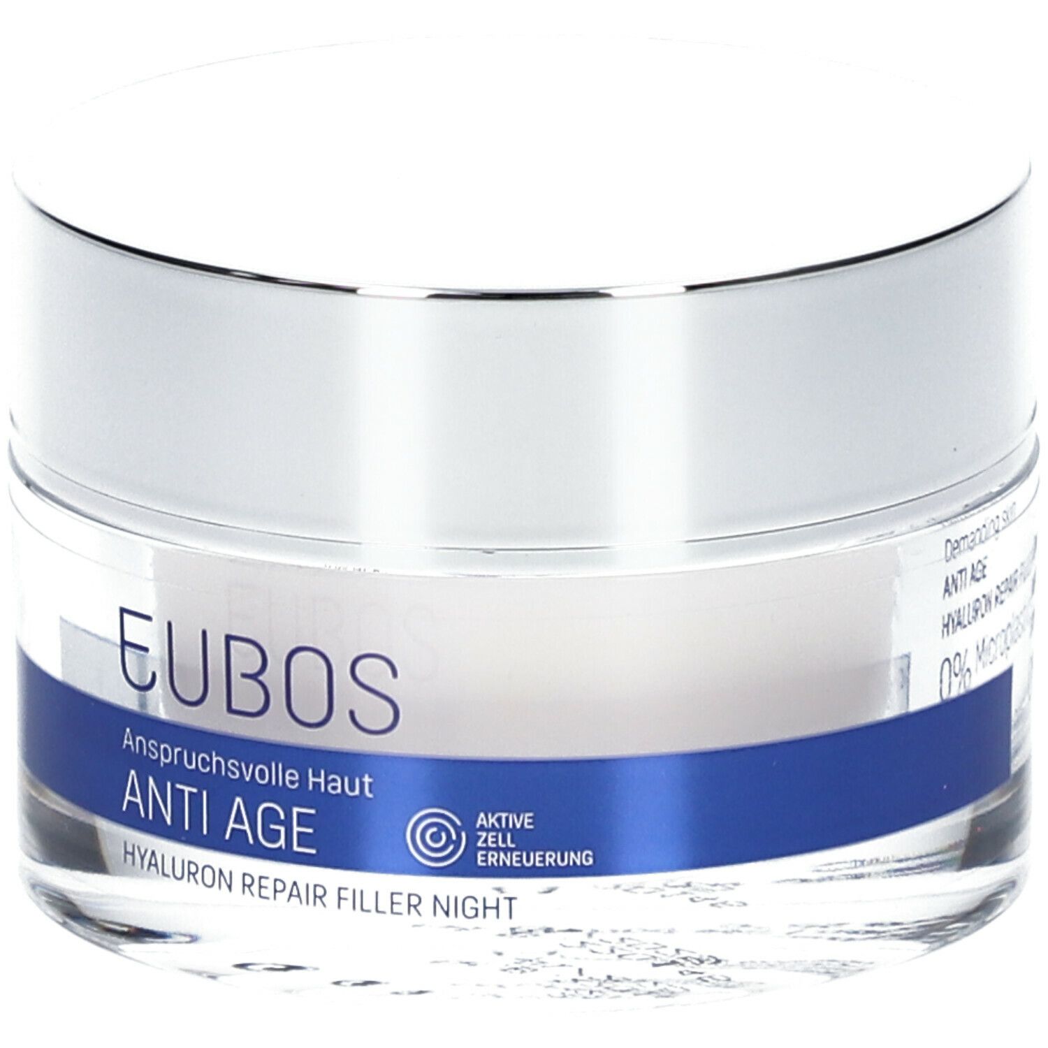 Creme-Glas mit silbernem Deckel. Auf blauem Streifen: EUBOS, ANTI AGE, HYALURON REPAIR FILLER NIGHT. Aktive Zellerneuerung.
