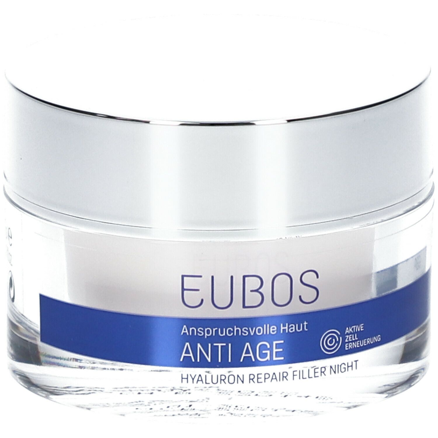 Creme-Glas mit silbernem Deckel. Auf blauem Streifen: EUBOS, ANTI AGE, HYALURON REPAIR FILLER NIGHT. Aktive Zellerneuerung.