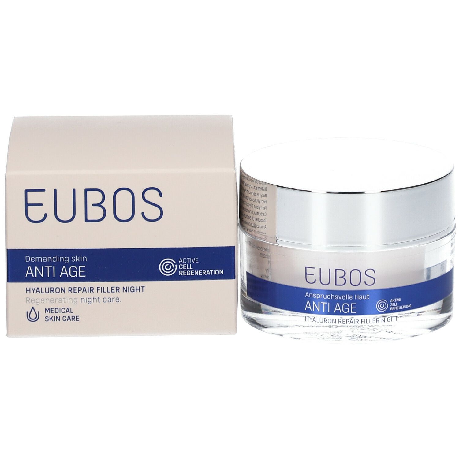 Creme-Glas und Karton. Auf dem Glas: EUBOS, ANTI AGE. Auf dem Karton: EUBOS, HYALURON REPAIR FILLER NIGHT.