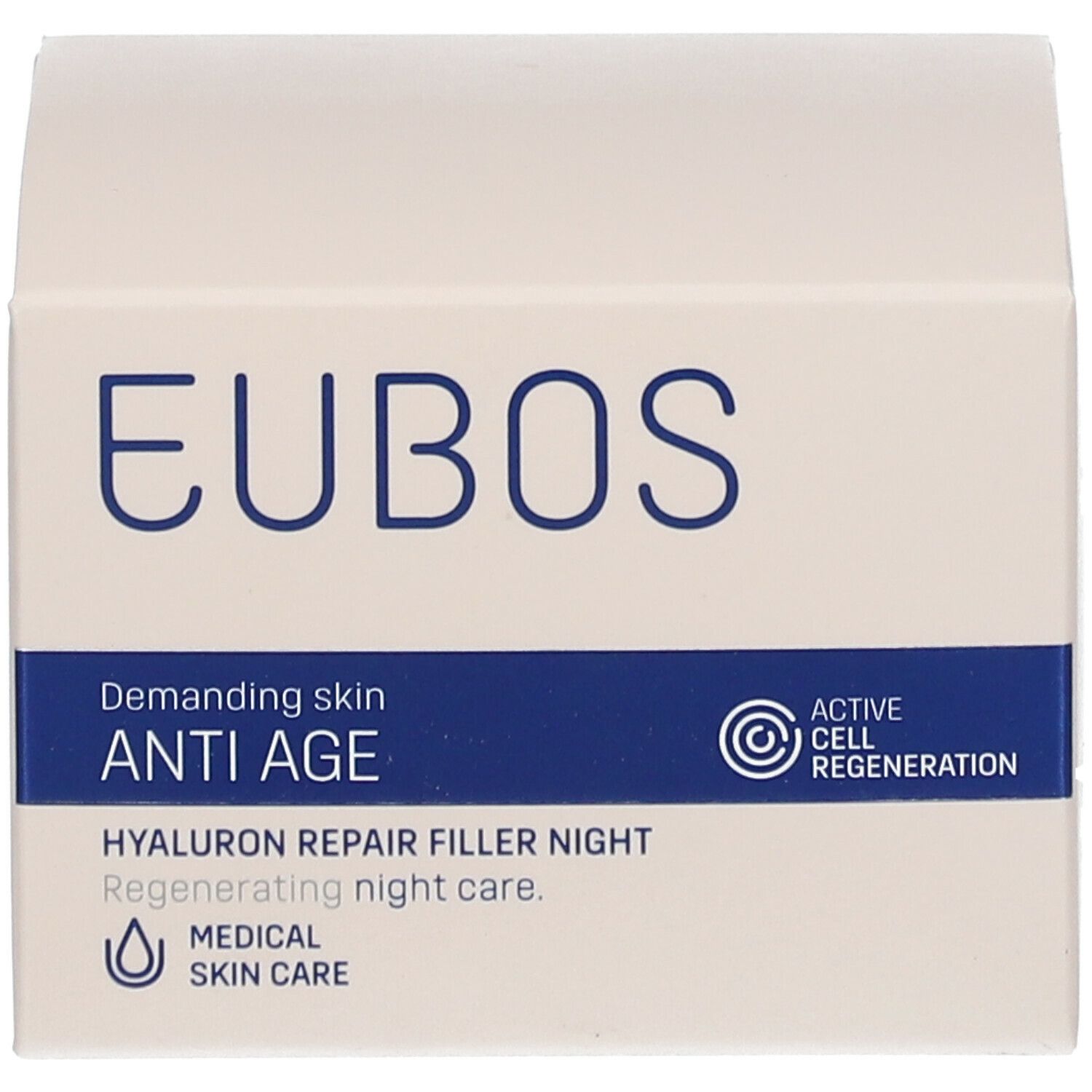 Karton mit Produktinformationen. Aufschrift: EUBOS, ANTI AGE, HYALURON REPAIR FILLER NIGHT. Medizinische Hautpflege.