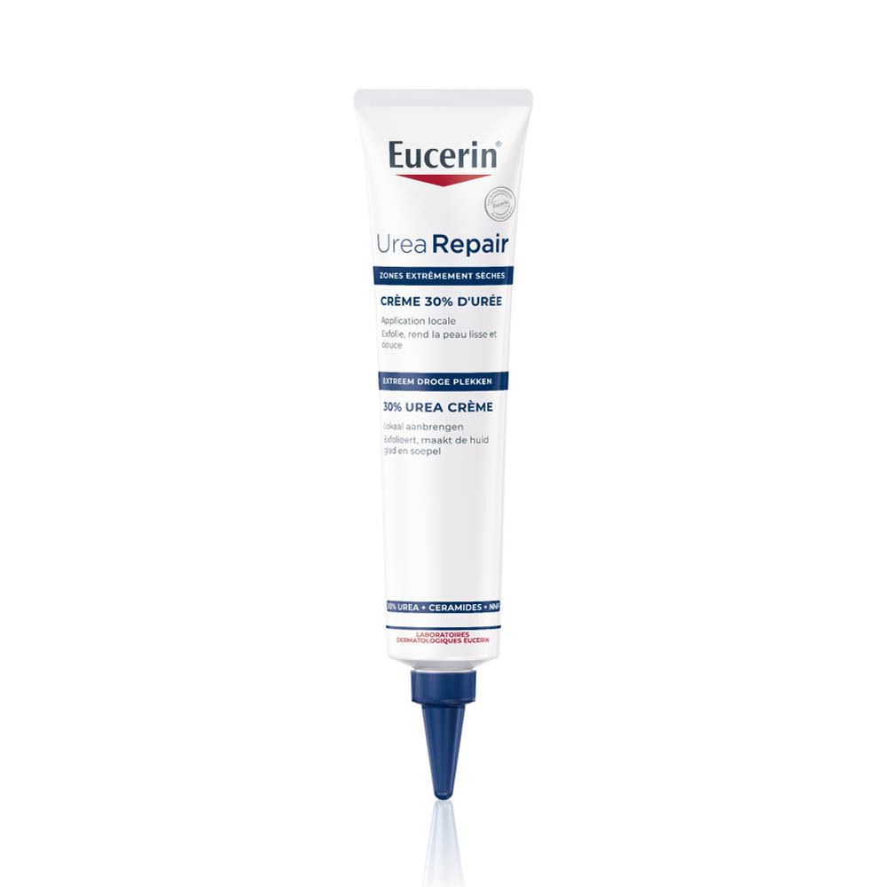 Tube blanc Eucerin UreaRepair Crème 30% d'Urée. Inscription du nom et de la marque en évidence.