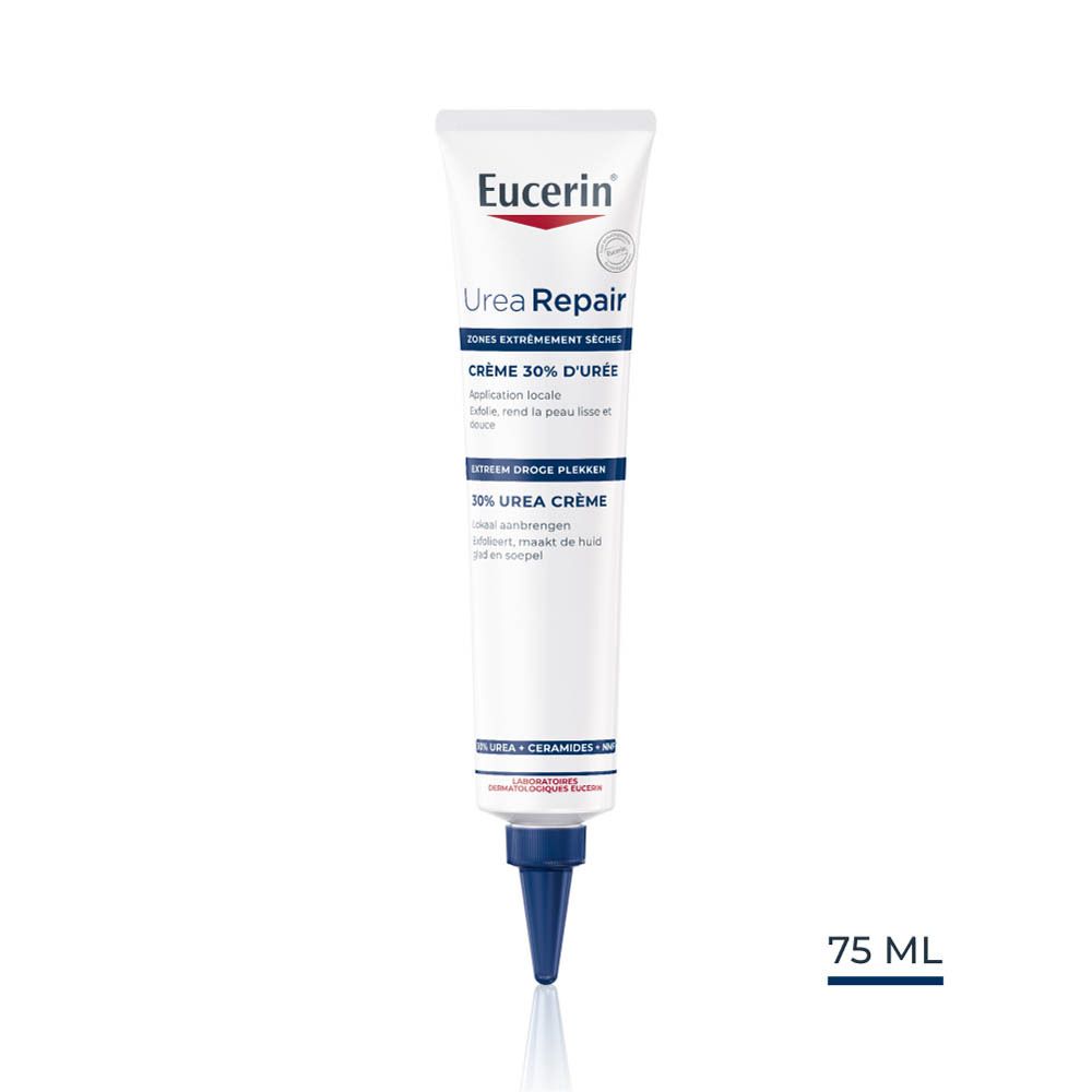 Tube blanc Eucerin UreaRepair Crème 30% d'Urée. 75 ml. Nom et marque visibles.