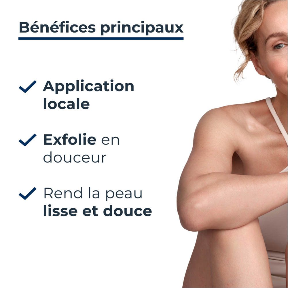 Avantages : Application locale, exfoliation douce, peau lisse. Texte en français.