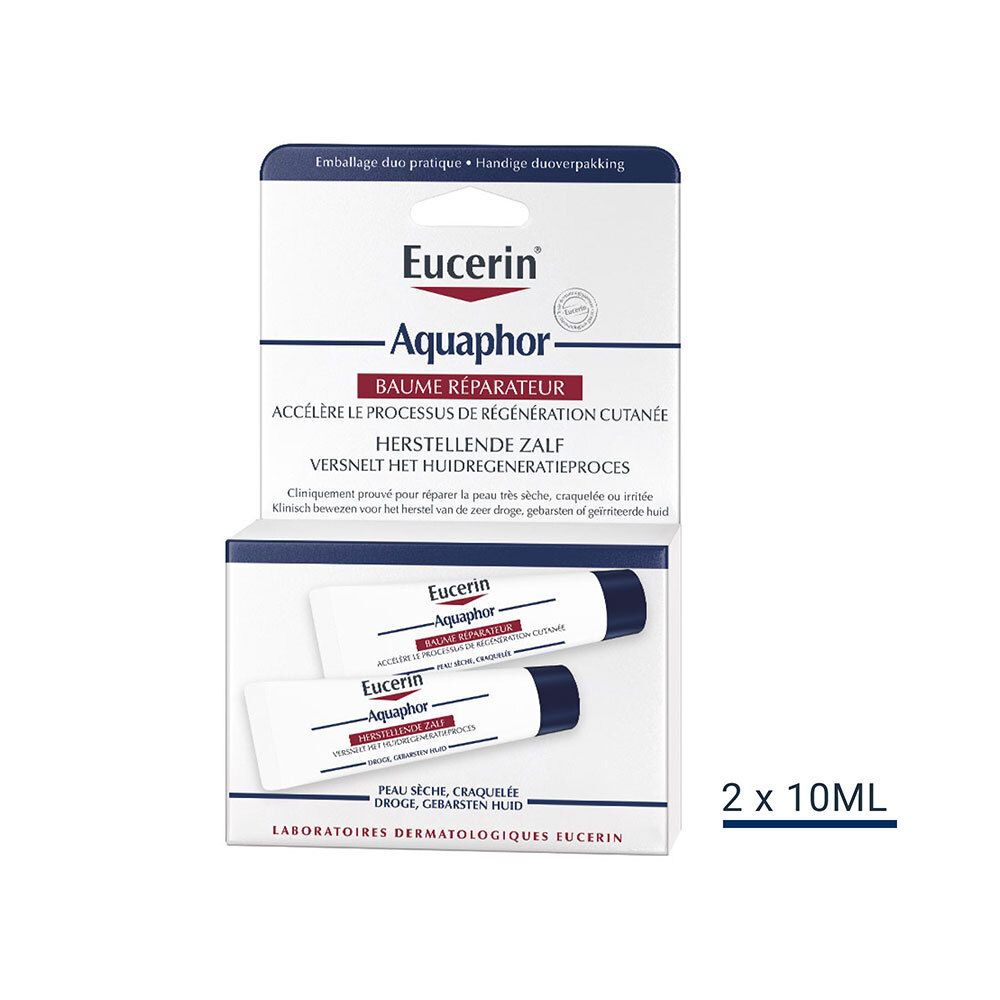 Emballage duo Eucerin Aquaphor. Contient deux tubes de Baume Réparateur. Inscription: 2 x 10 ml.