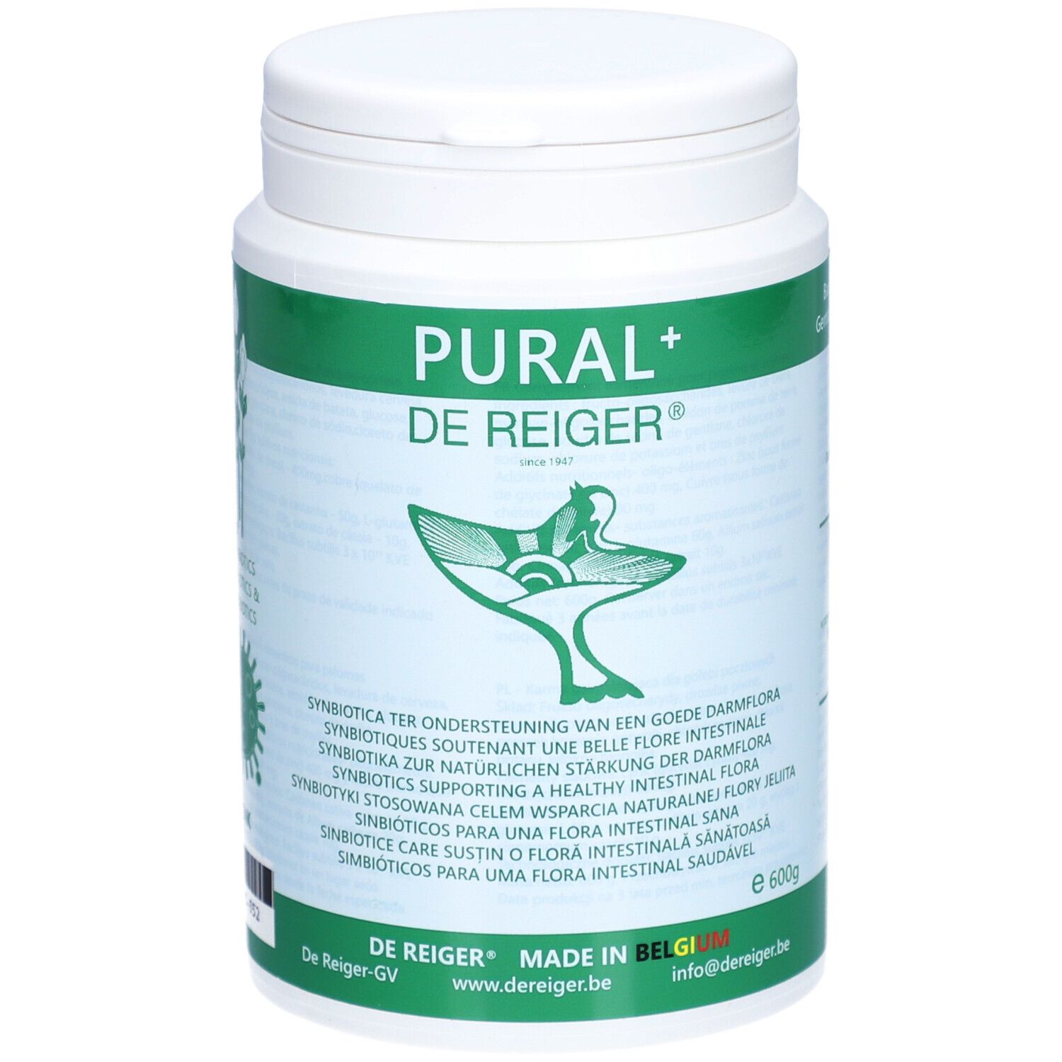 Weißes, zylindrisches Produktgebinde mit grünem Etikett. Aufschrift: Pural+ De Reiger. Logo: Vogel. Text in mehreren Sprachen.