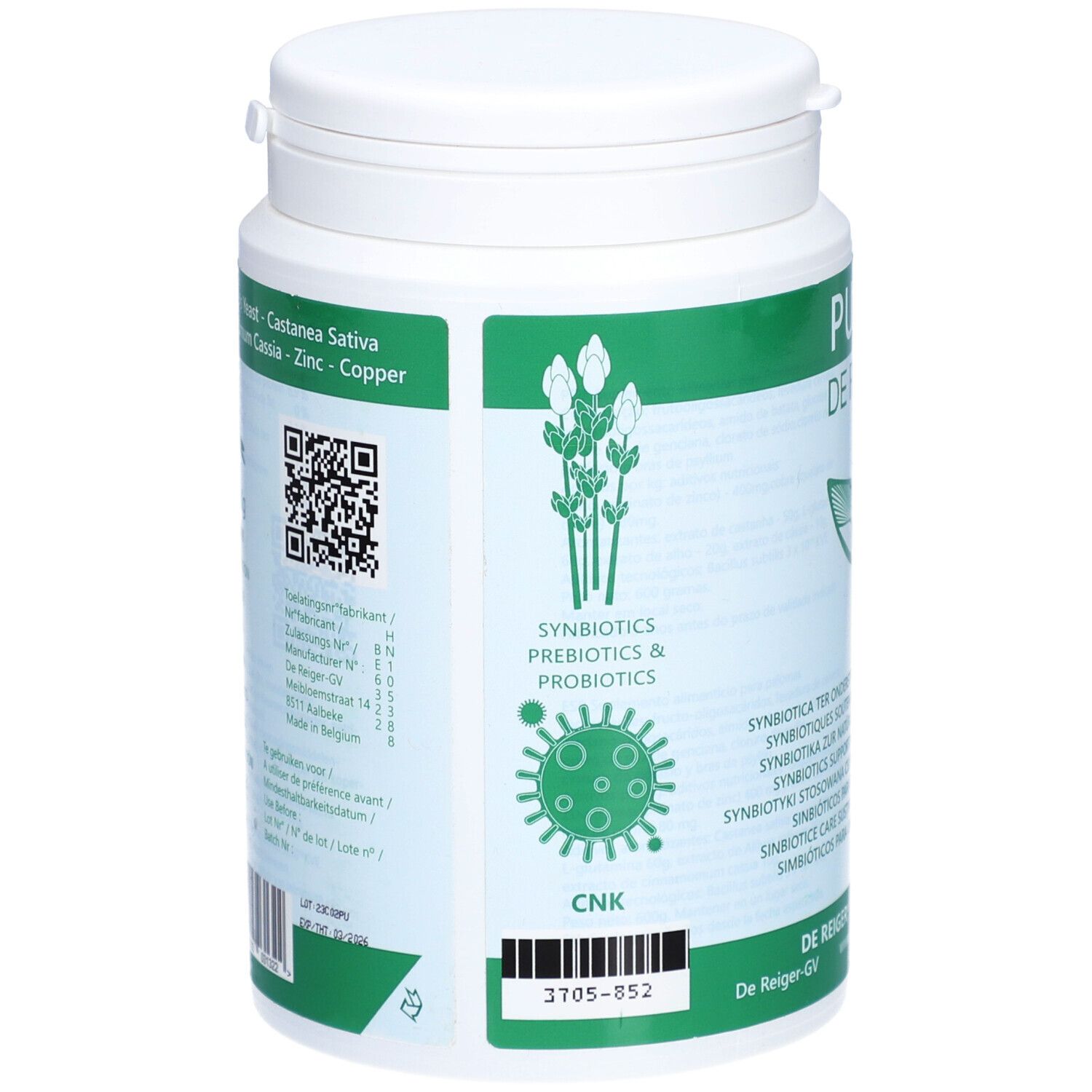 Rückseite einer weißen, zylindrischen Produktverpackung. Grünes Etikett mit Text, QR-Code und Logo. Aufschrift: Synbiotics, Prebiotics & Probiotics.