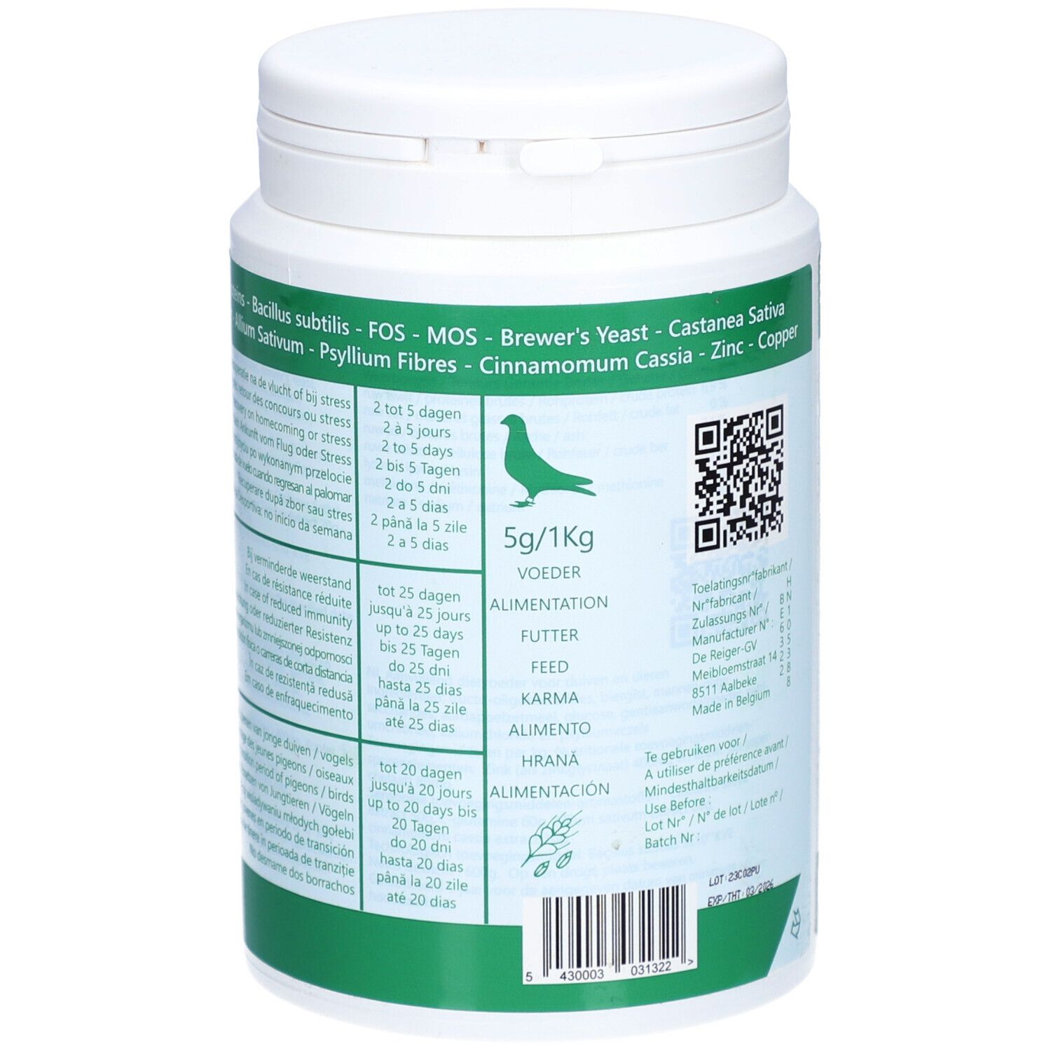 Rückseite einer weißen, zylindrischen Produktverpackung. Grünes Etikett mit Text und Logo. Abbildung eines Vogels. Text in mehreren Sprachen.