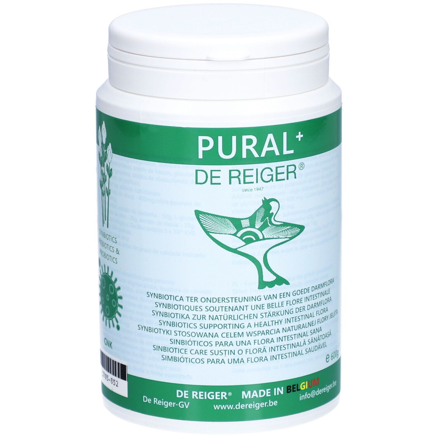 Weißes, zylindrisches Produktgebinde mit grünem Etikett. Aufschrift: Pural+ De Reiger. Logo: Vogel. Text in mehreren Sprachen.