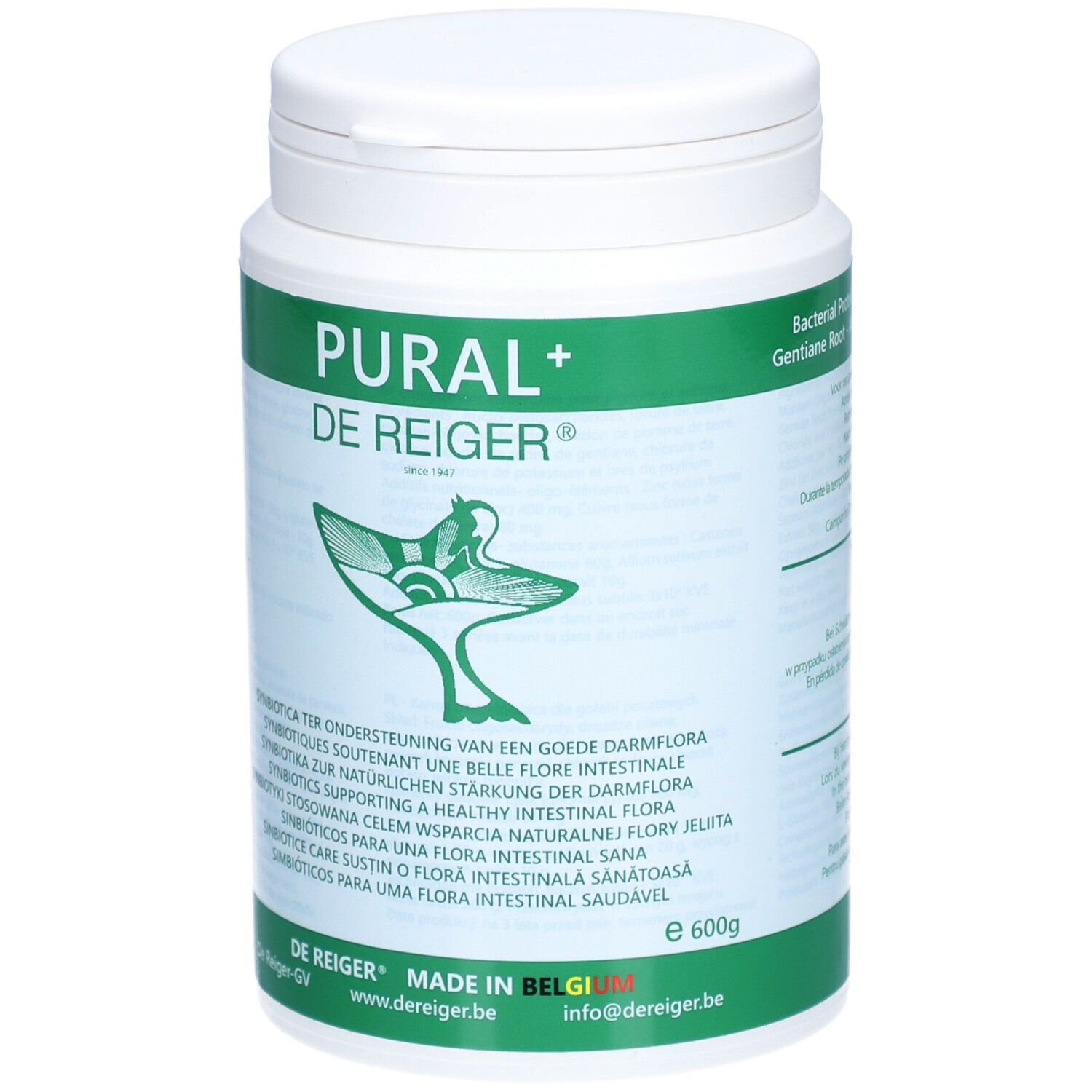 Weißes, zylindrisches Produktgebinde mit grünem Etikett. Aufschrift: Pural+ De Reiger. Logo: Vogel. Text in mehreren Sprachen.