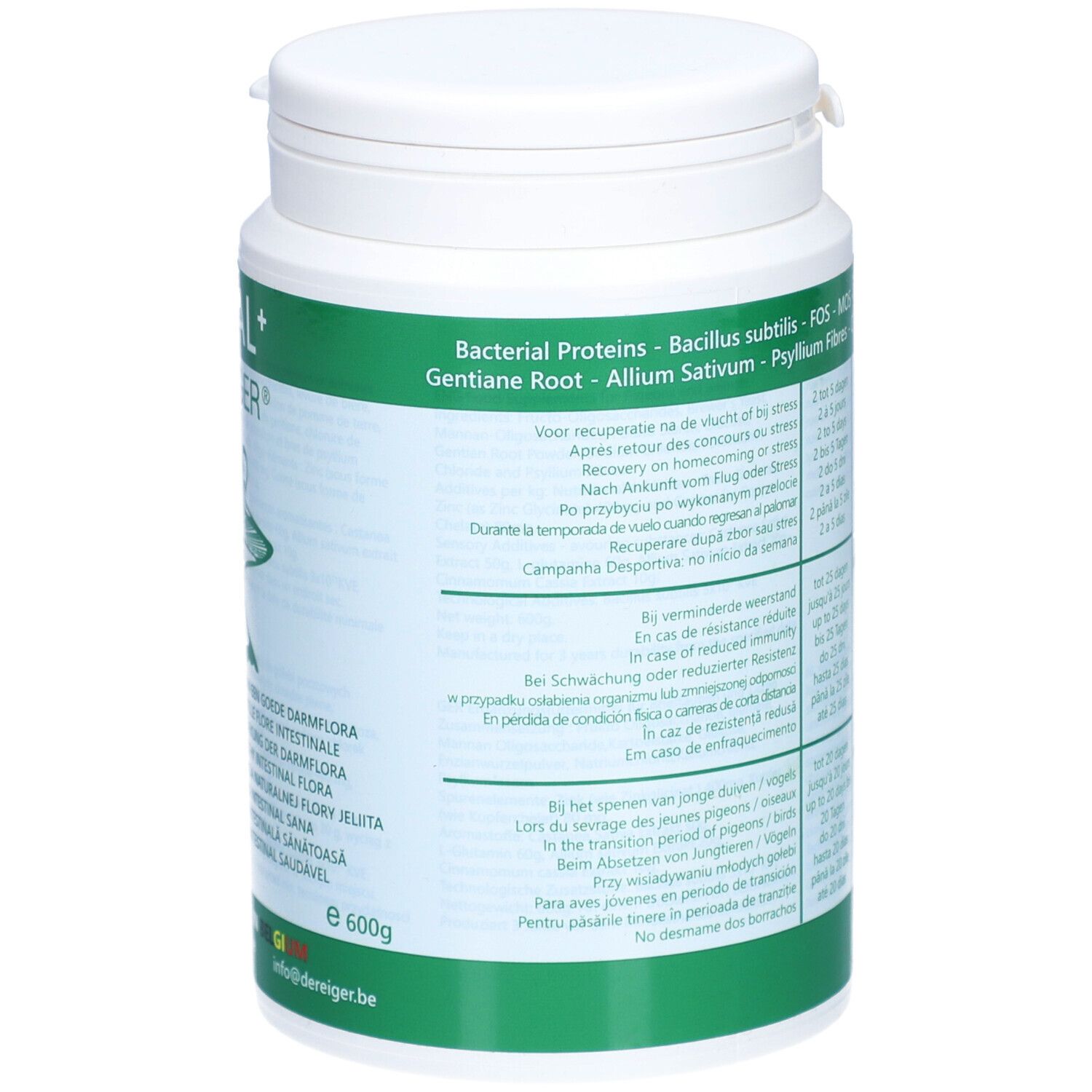 Rückseite einer weißen, zylindrischen Produktverpackung. Grünes Etikett mit Text und Logo. Text in mehreren Sprachen. Gewicht: 600g.