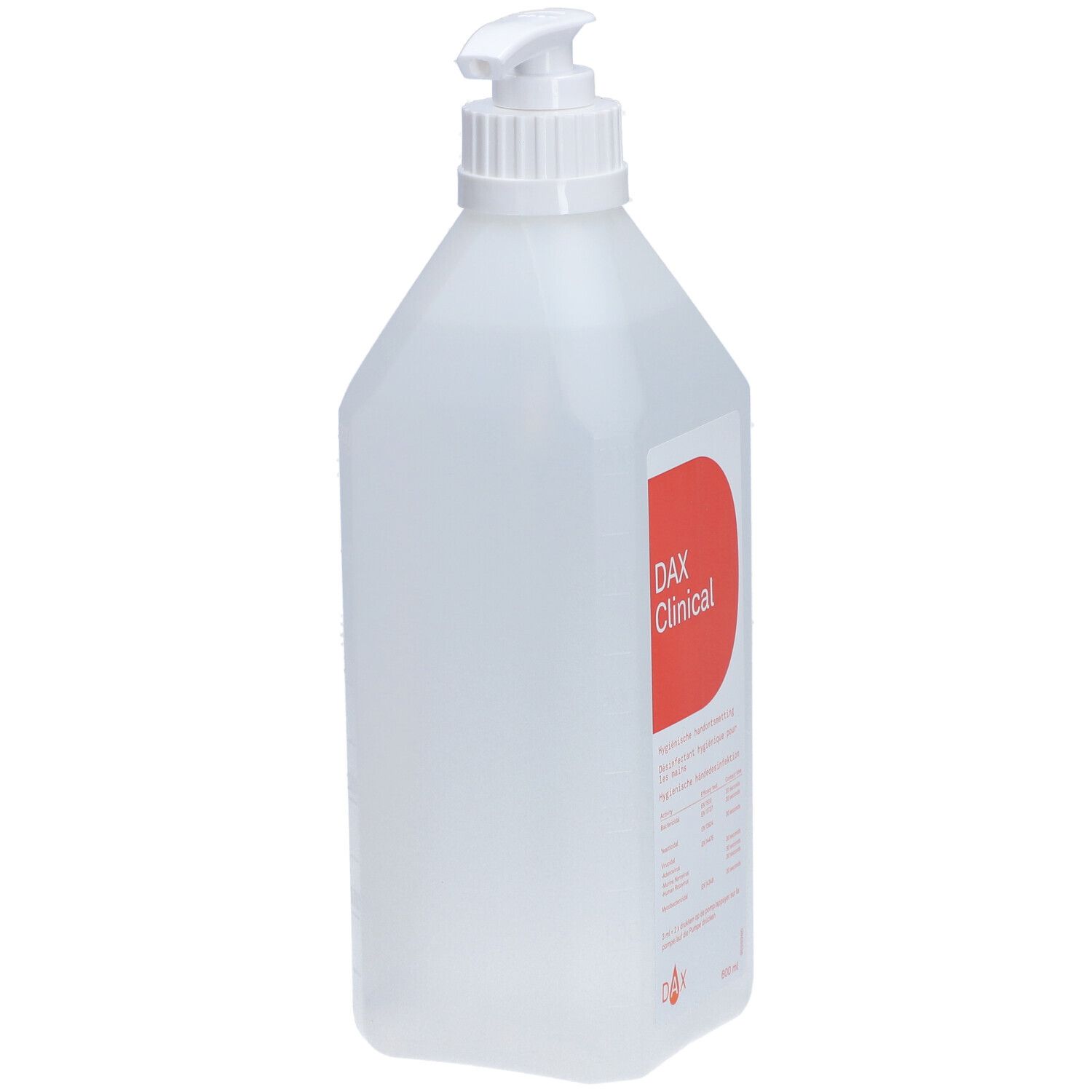 Flacon transparent avec pompe doseuse. Étiquette rouge avec DAX Clinical. Inscription: Désinfection hygiénique des mains.