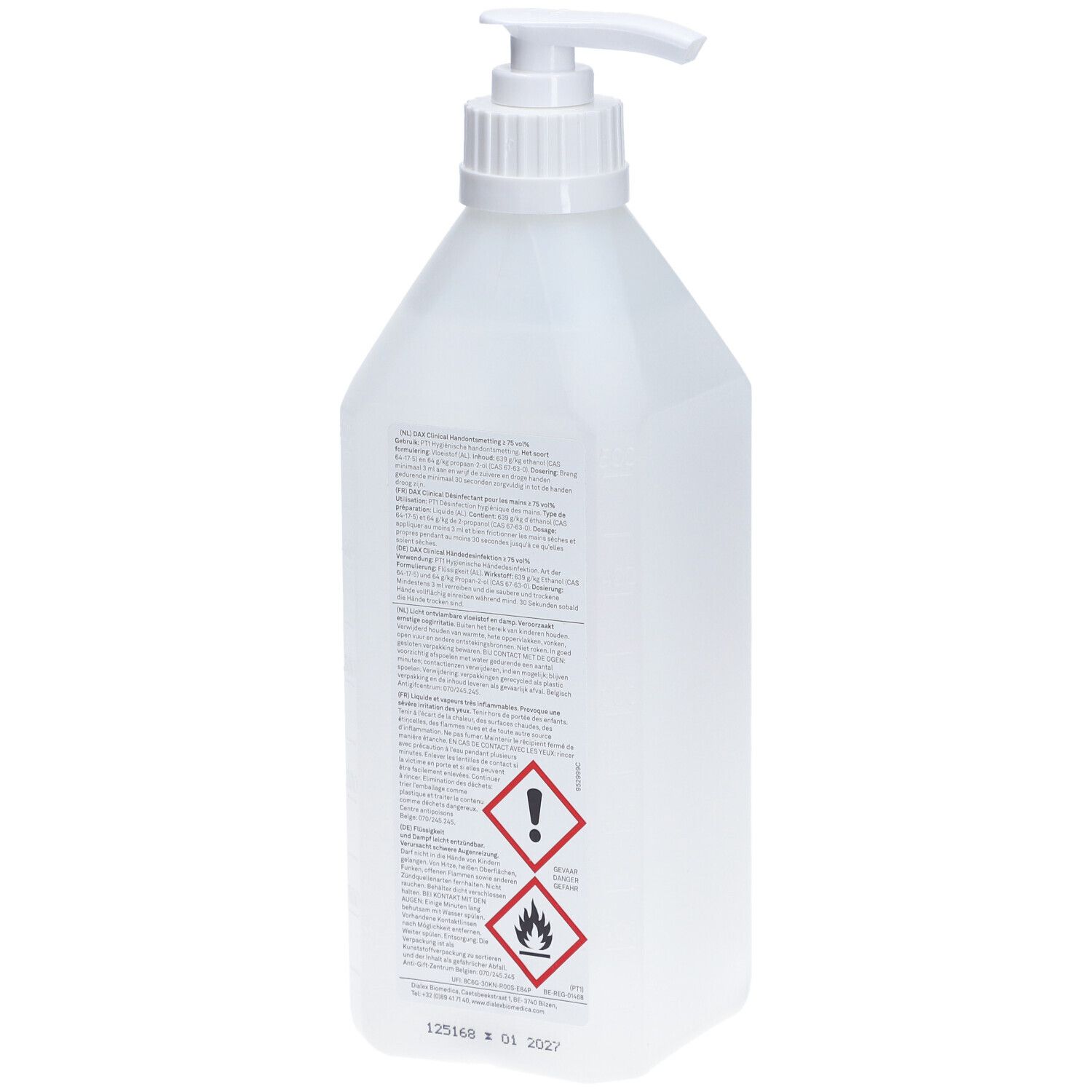 Flacon transparent avec pompe doseuse. Dos avec texte et symboles de danger. Avertissements et date de péremption.