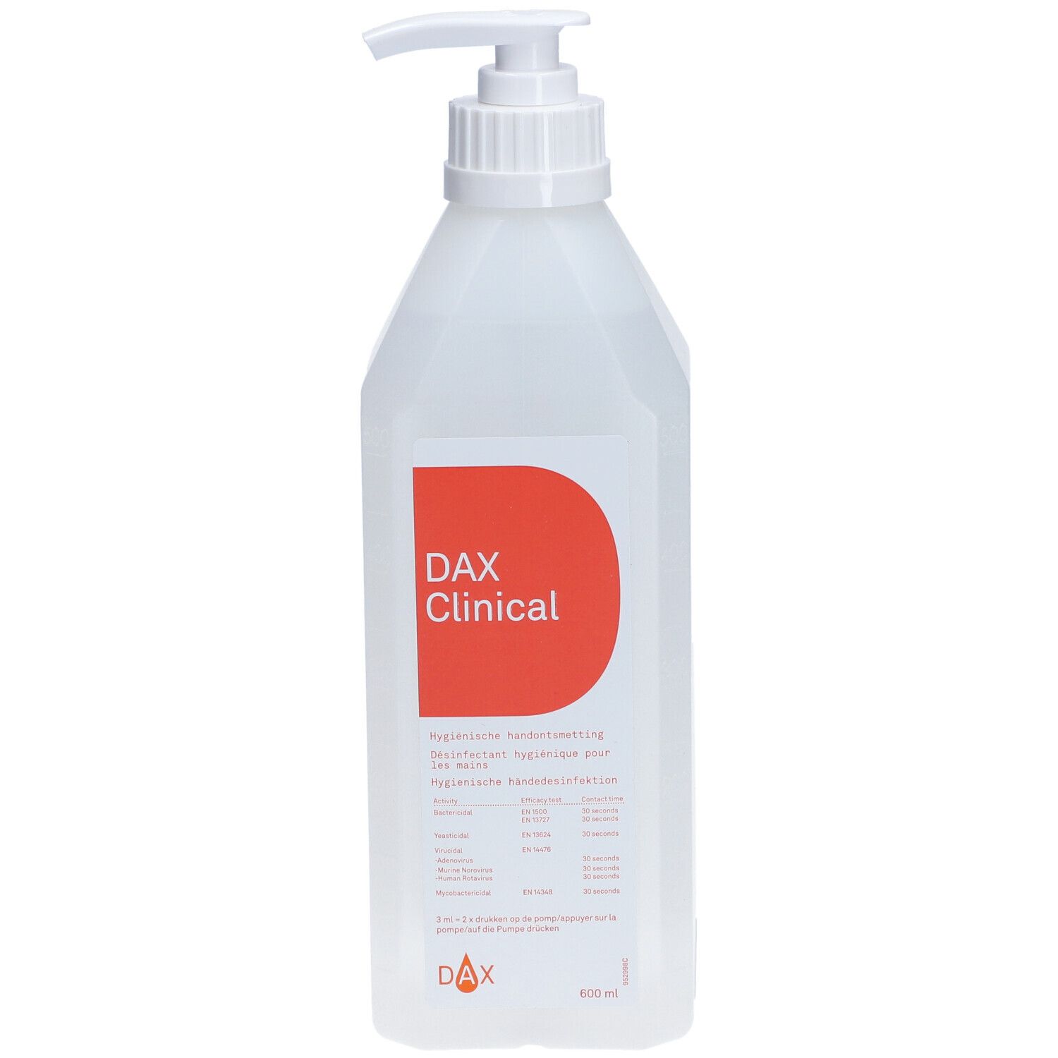 Flacon transparent avec pompe doseuse. Étiquette rouge avec DAX Clinical. Inscription: Désinfection hygiénique des mains.