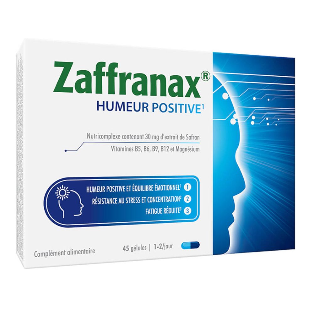 Schachtel Zaffranax, Aufschrift 'Humeur Positive'. Enthält 45 Kapseln. Blaue und weiße Farbgebung mit Profil.