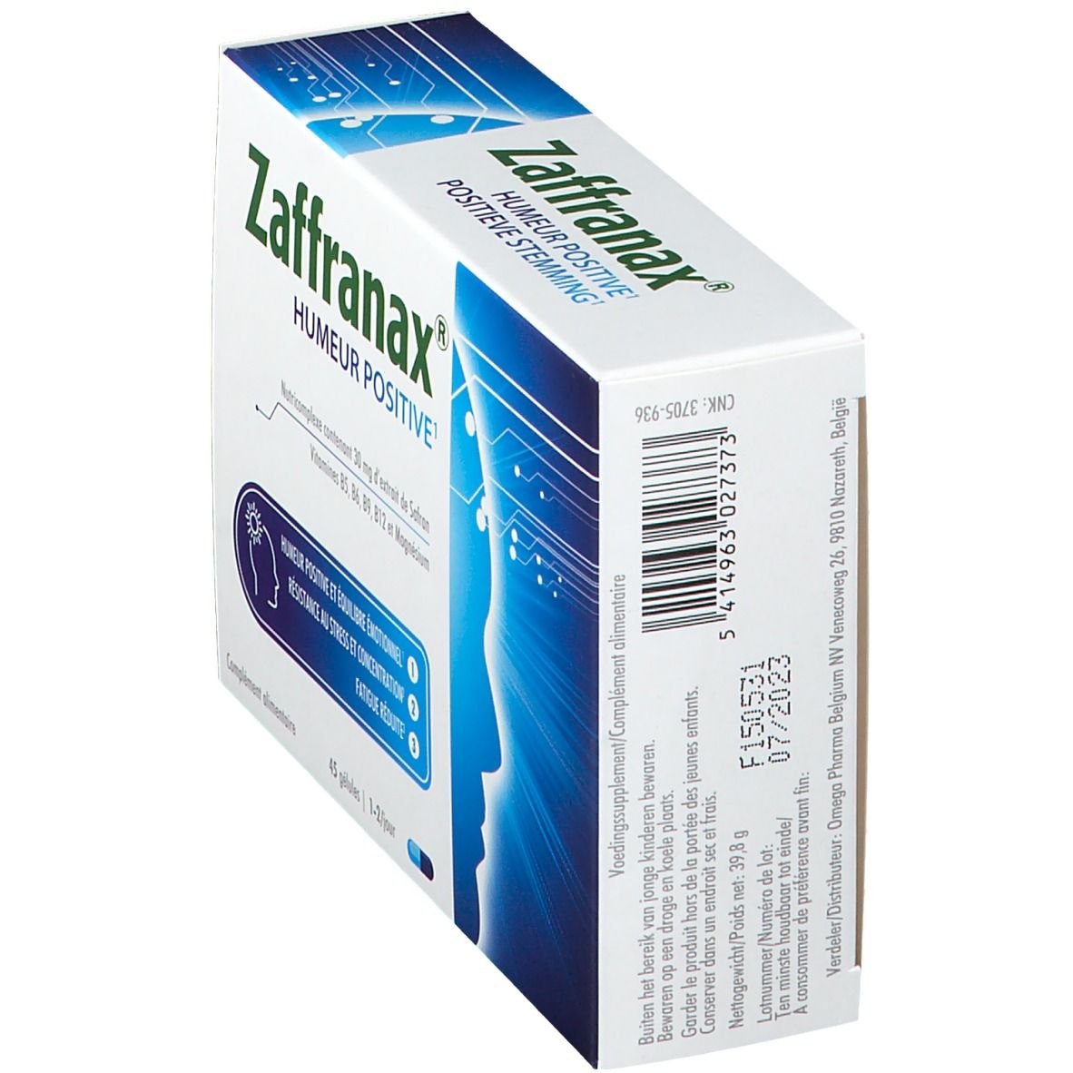 Schachtel Zaffranax, Aufschrift 'Positive Stemming'. Enthält 45 Kapseln. Blaue und weiße Farbgebung mit Profil.