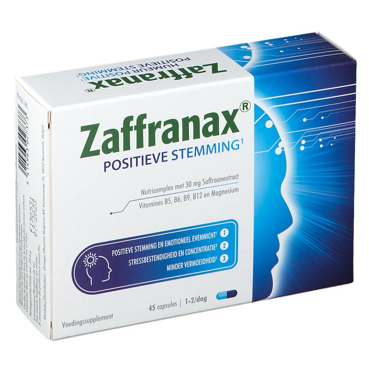 Schachtel Zaffranax, Aufschrift 'Positive Stemming'. Enthält 45 Kapseln. Blaue und weiße Farbgebung mit Profil.
