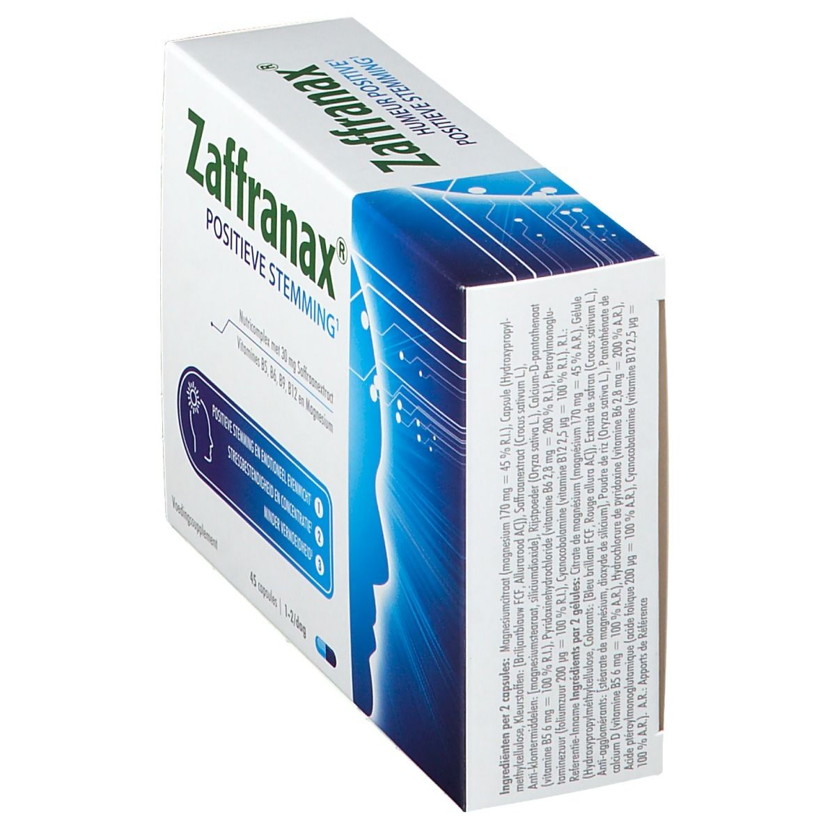Schachtel Zaffranax, Aufschrift 'Positive Stemming'. Enthält 45 Kapseln. Blaue und weiße Farbgebung mit Profil.