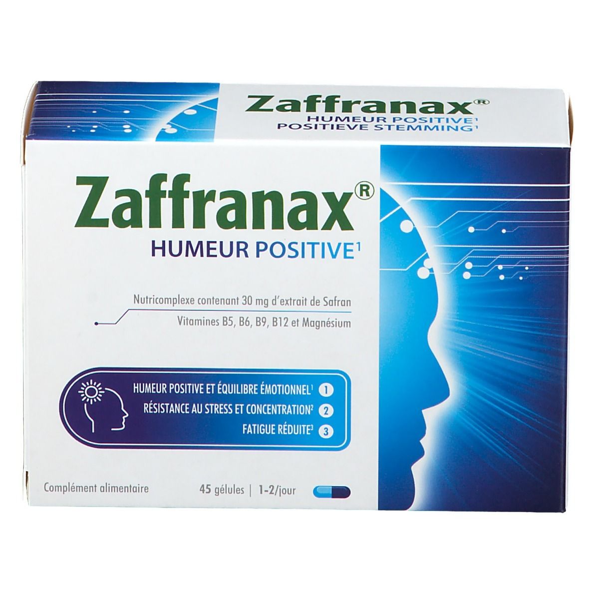 Schachtel Zaffranax, Aufschrift 'Humeur Positive'. Enthält 45 Kapseln. Blaue und weiße Farbgebung mit Profil.