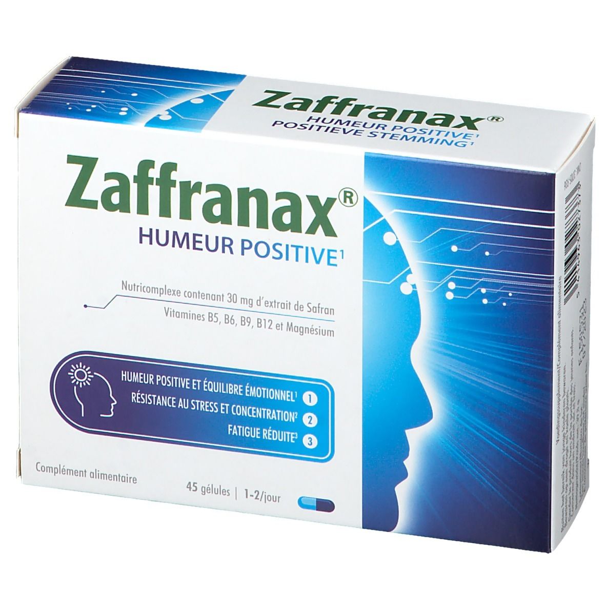 Schachtel Zaffranax, Aufschrift 'Humeur Positive'. Enthält 45 Kapseln. Blaue und weiße Farbgebung mit Profil.
