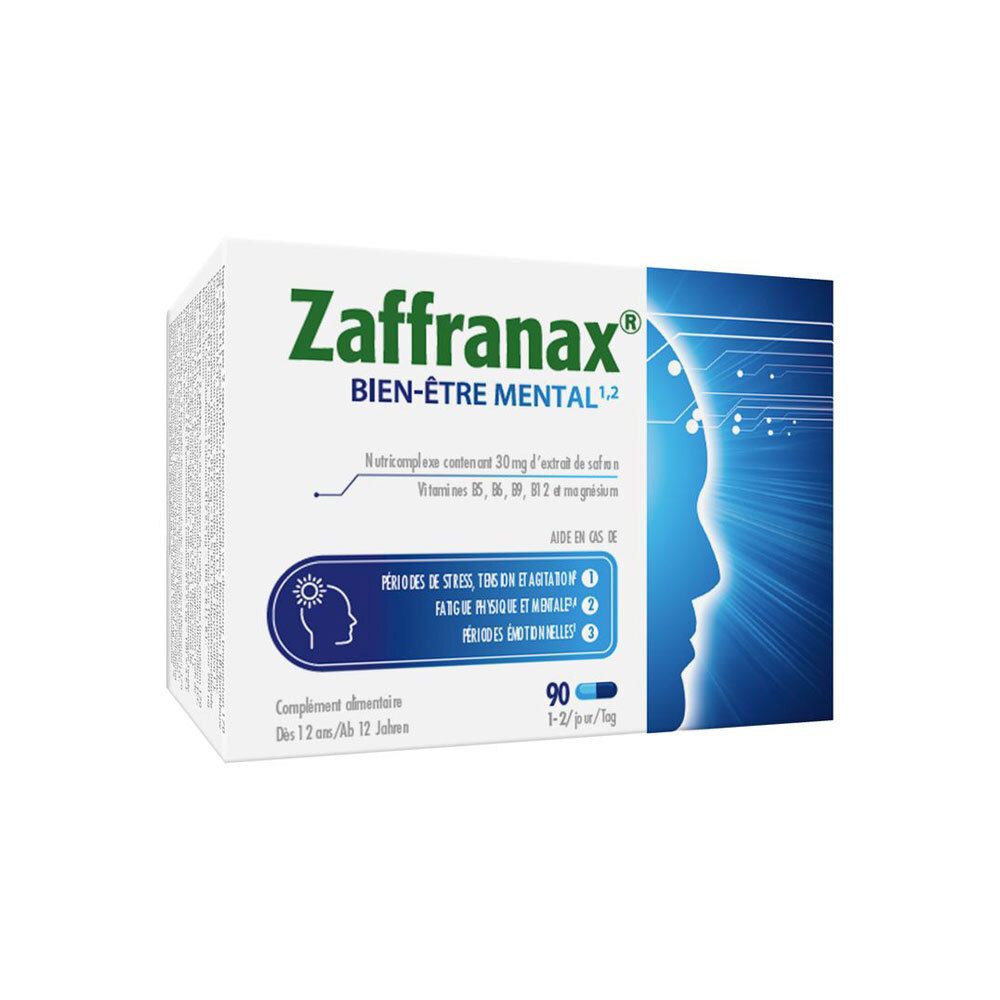 Boîte de Zaffranax avec texte et design bleu. Contient 90 gélules. Aide en cas de stress, fatigue et périodes émotionnelles.
