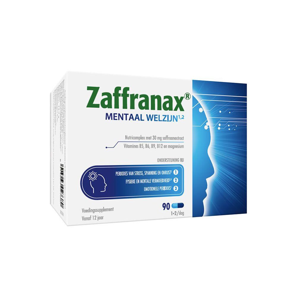 Zaffranax doosje met tekst en blauw design. Bevat 90 capsules. Helpt bij stress, vermoeidheid en emotionele periodes.