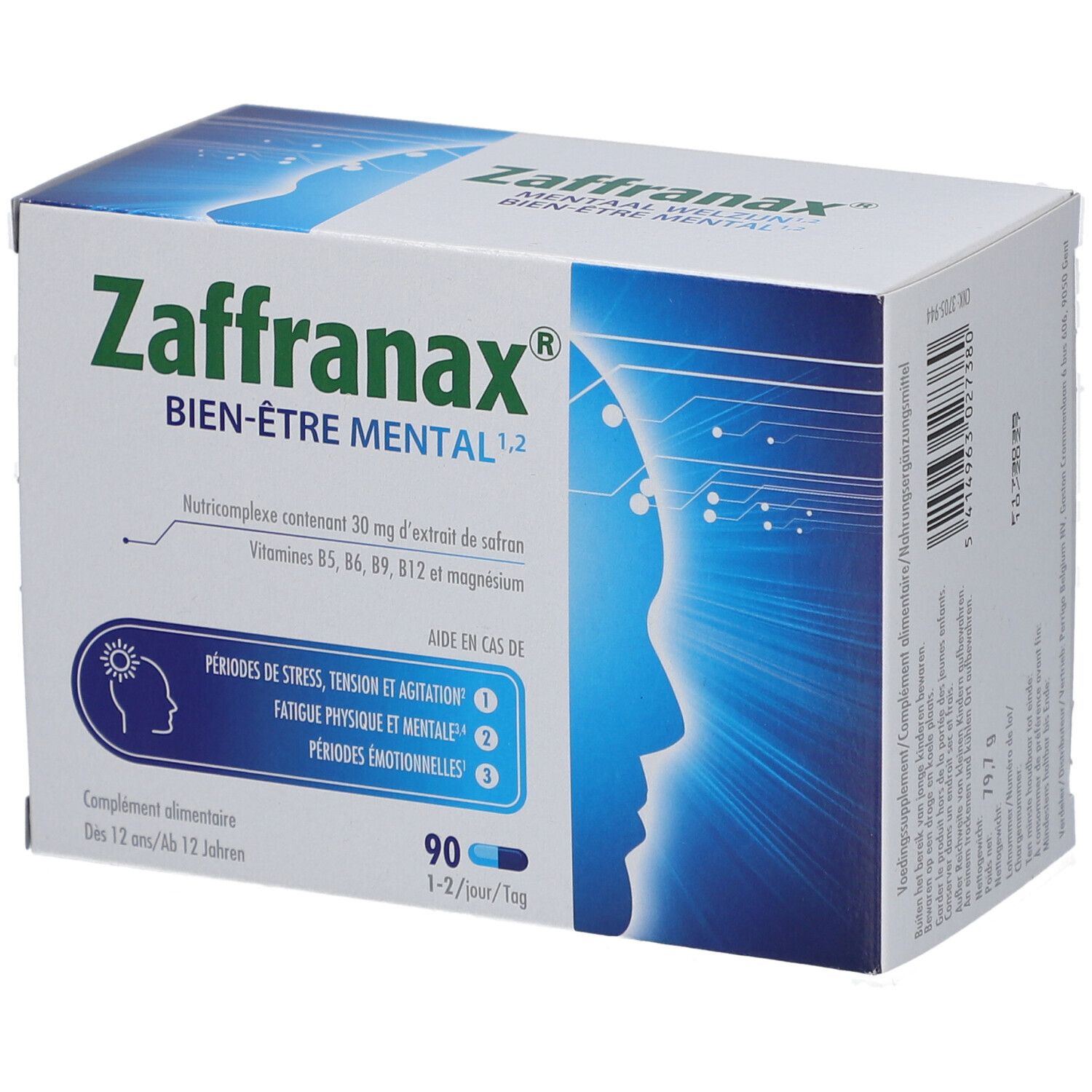 Boîte de Zaffranax, texte et design bleu. Contient 90 gélules. Aide en cas de stress, fatigue et périodes émotionnelles.