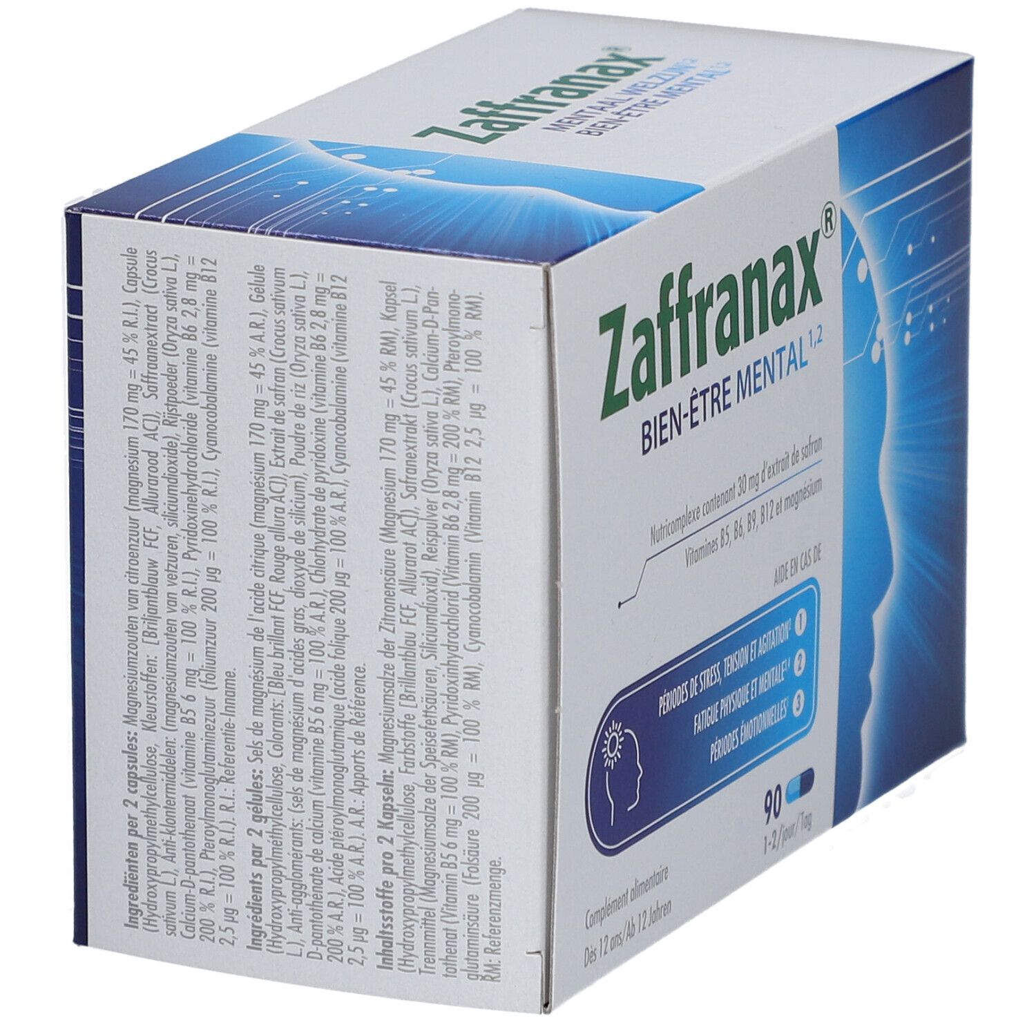 Boîte de Zaffranax, détail des ingrédients. Contient 90 gélules. Aide en cas de stress, fatigue et périodes émotionnelles.