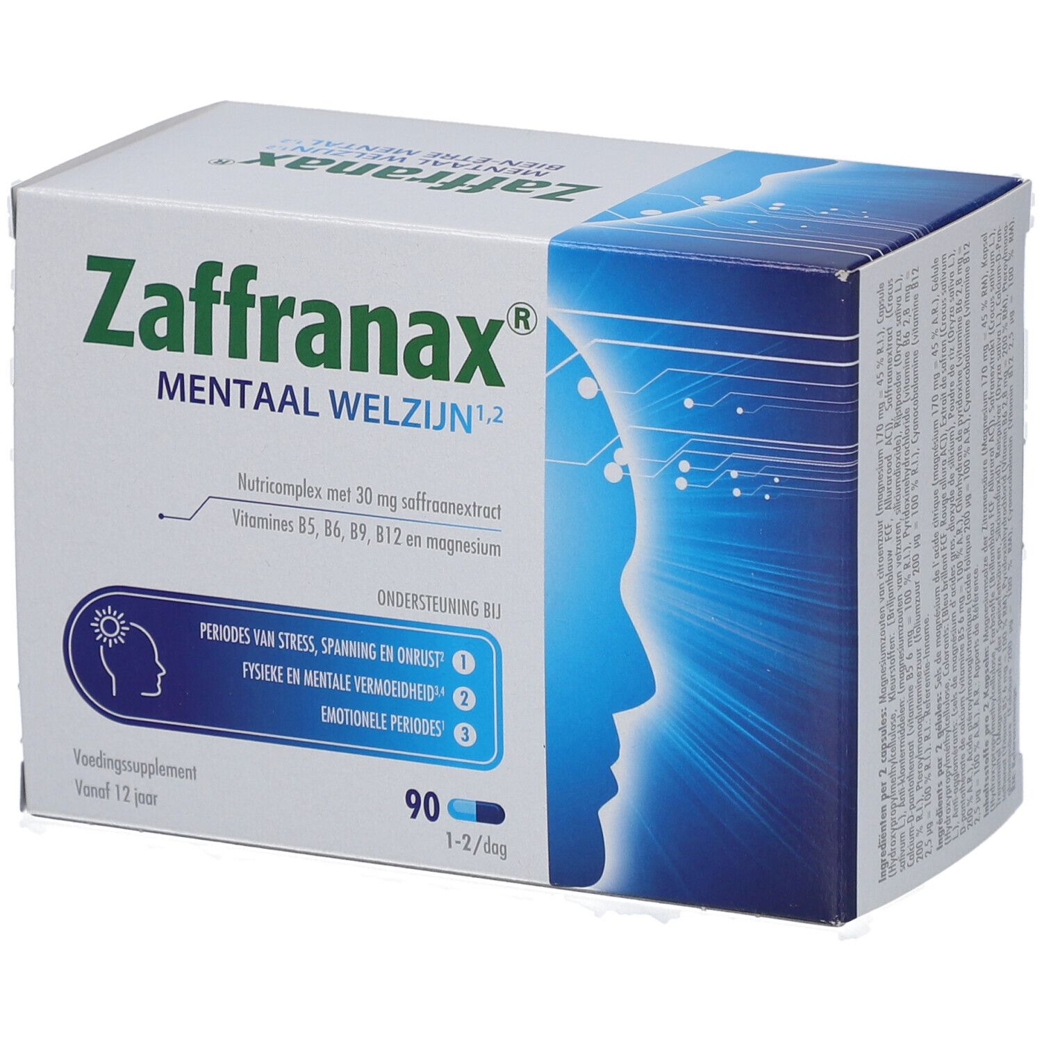 Boîte de Zaffranax avec texte et design bleu. Contient 90 gélules. Aide en cas de stress, fatigue et périodes émotionnelles.