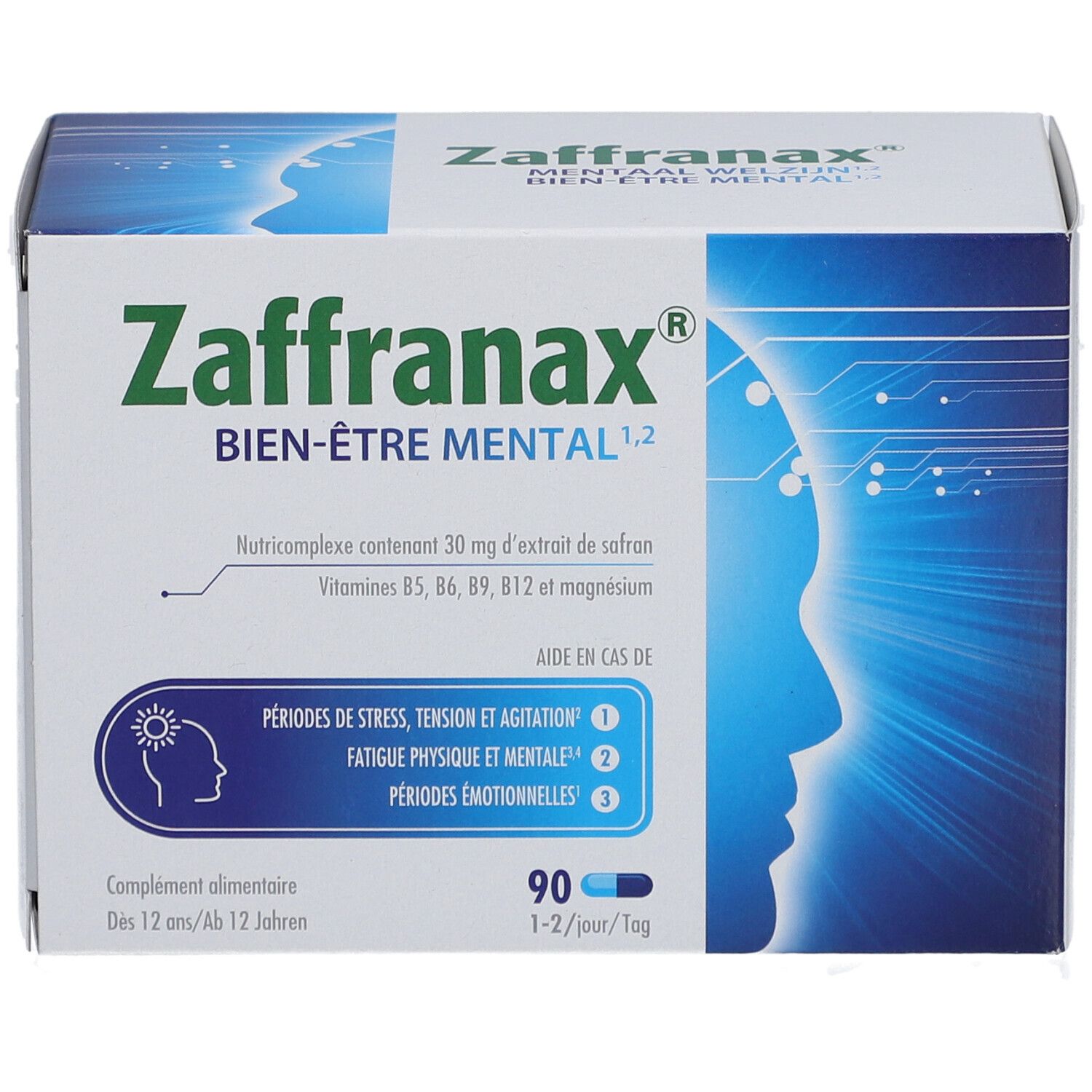 Boîte de Zaffranax avec texte et design bleu. Contient 90 gélules. Aide en cas de stress, fatigue et périodes émotionnelles.