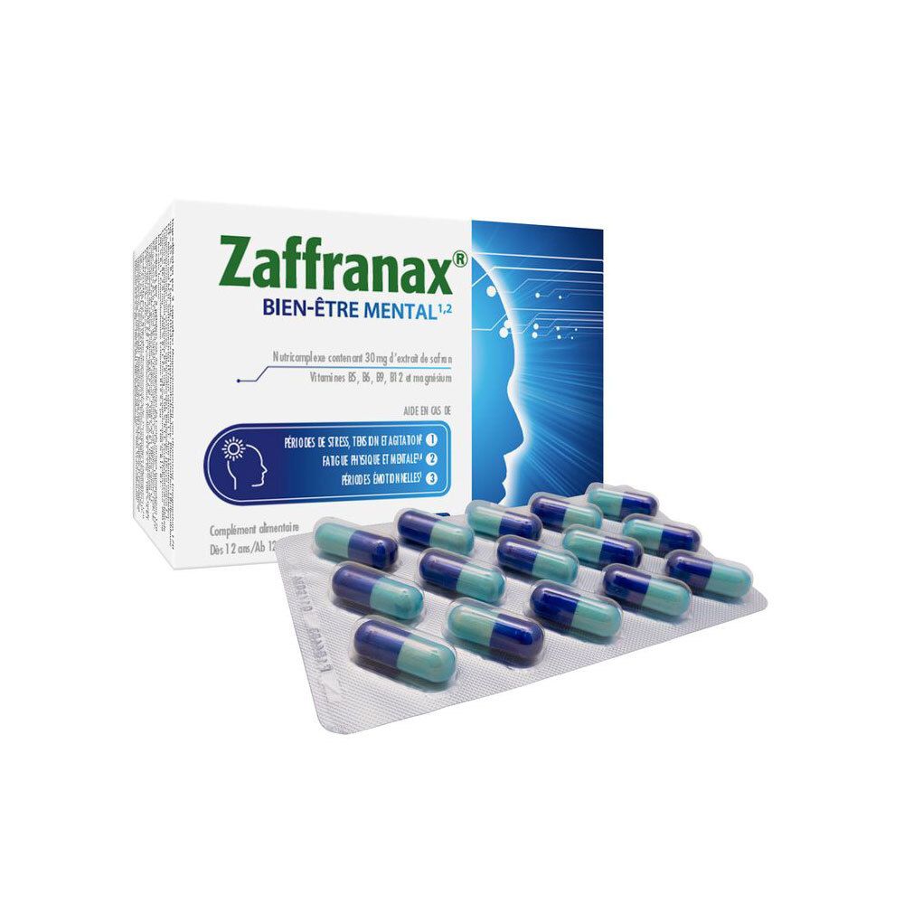 Gélules Zaffranax sur blister. Gélules bleues et vertes. 15 gélules visibles.