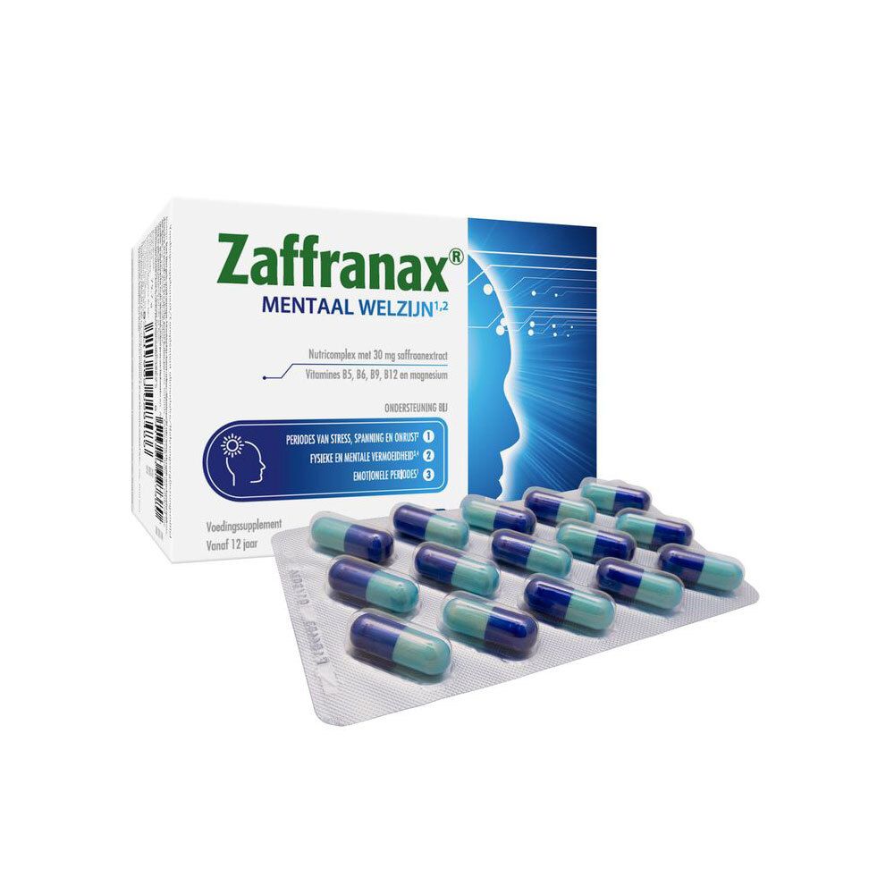 Zaffranax capsules op blisterverpakking. Blauwe en groene capsules. 15 capsules zichtbaar.