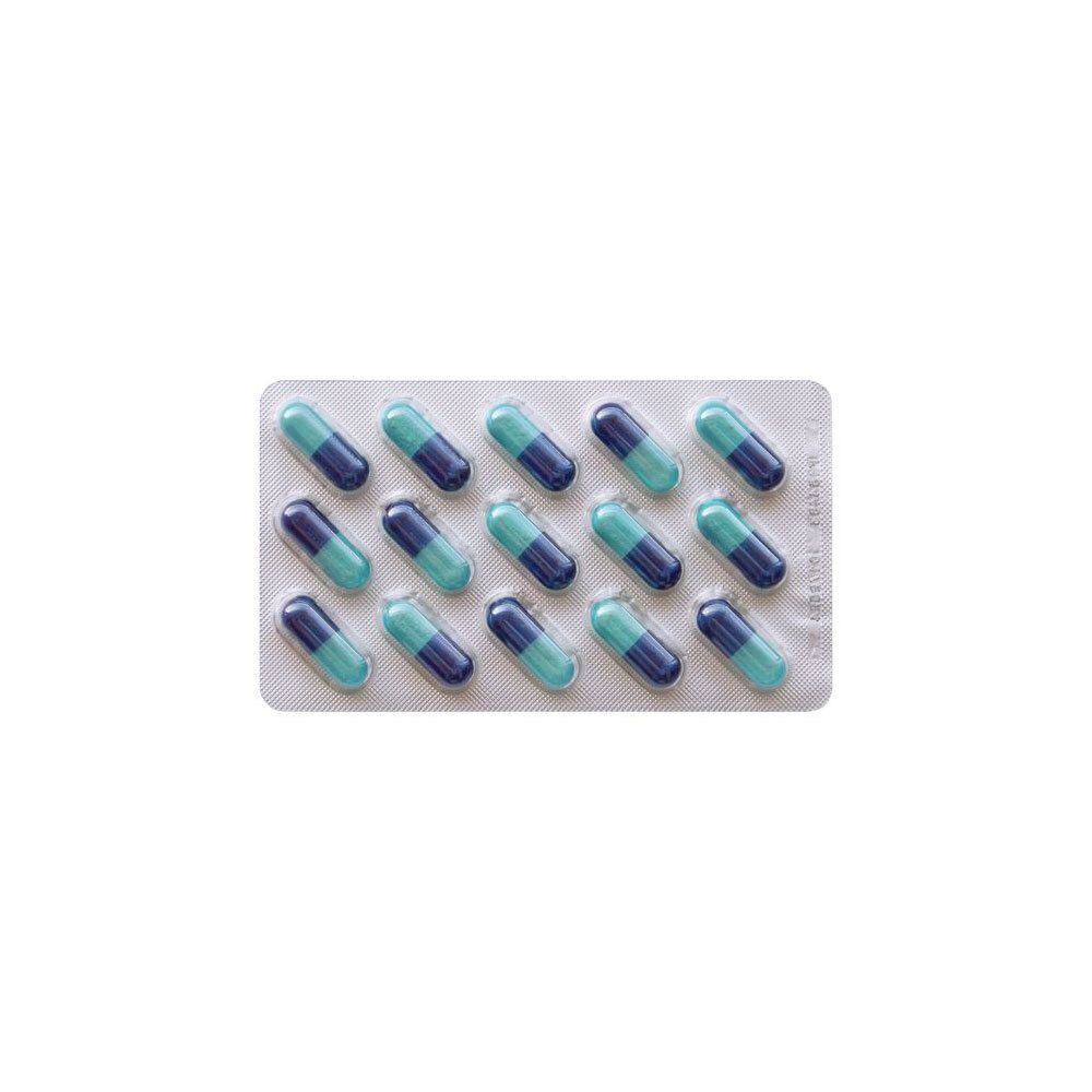 Zaffranax capsules op blisterverpakking. Blauwe en groene capsules. 15 capsules zichtbaar.