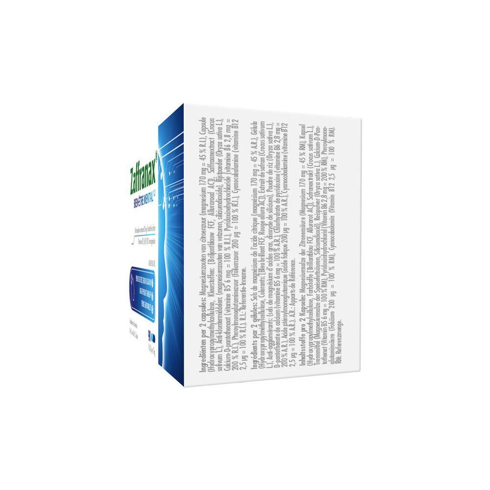 Boîte de Zaffranax avec texte et design bleu. Contient 90 gélules. Aide en cas de stress, fatigue et périodes émotionnelles.
