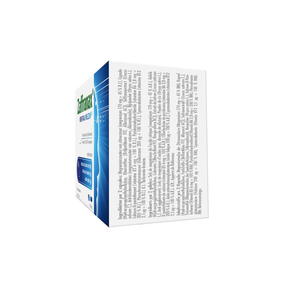 Zaffranax capsules op blisterverpakking. Blauwe en groene capsules. 15 capsules zichtbaar.
