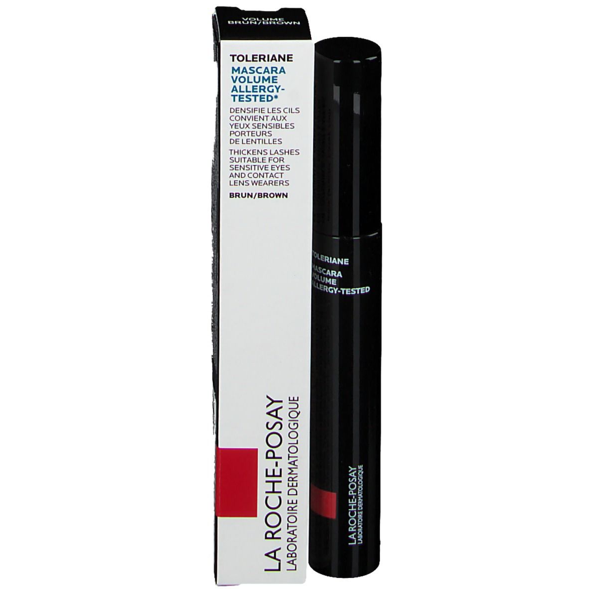 Mascara et emballage. Texte: Tolériane Mascara Volume, Allergy-Tested. Marque: La Roche-Posay.