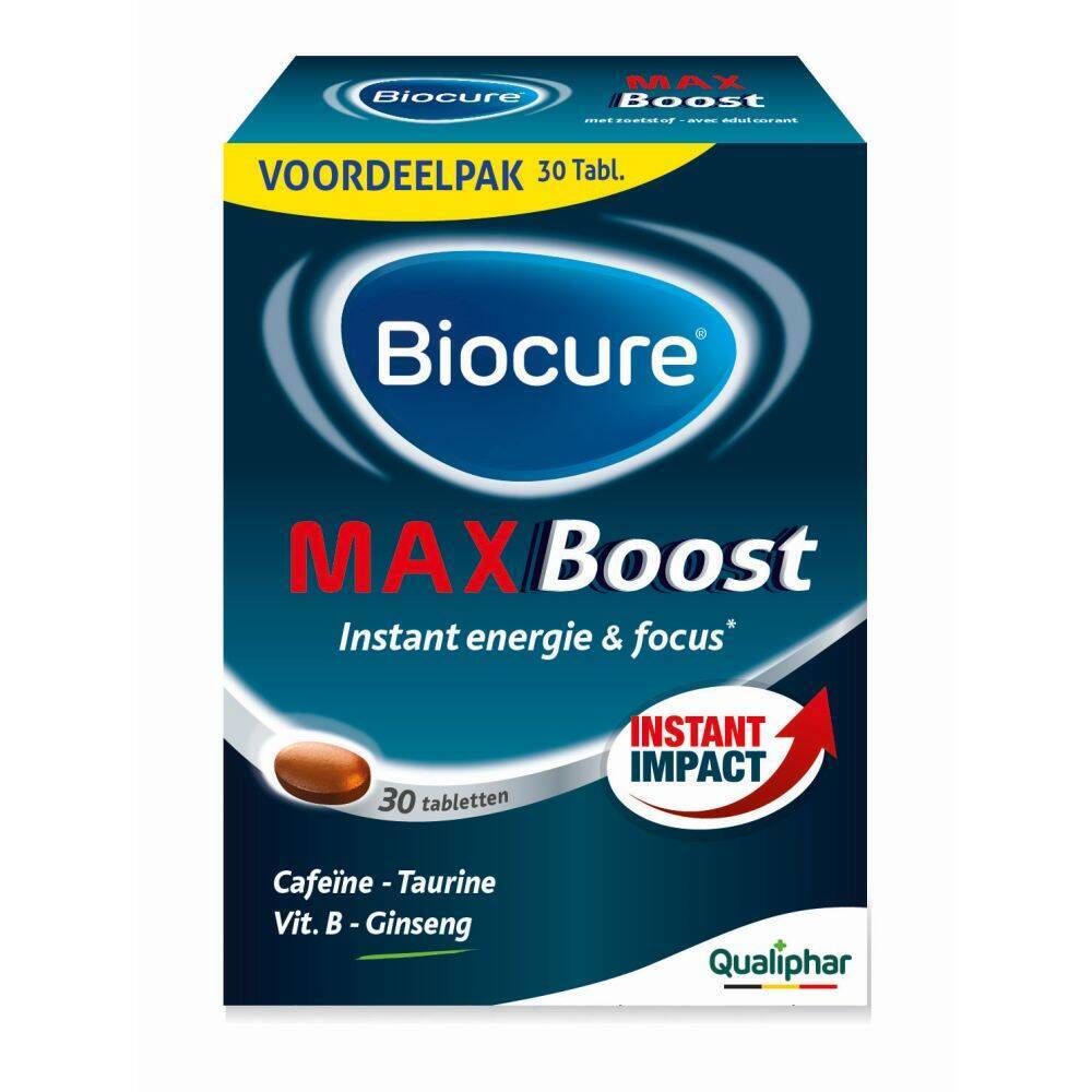 Doos Biocure MAX Boost, 30 tabletten. Bevat cafeïne, taurine, vitamine B en ginseng. Qualiphar-logo.