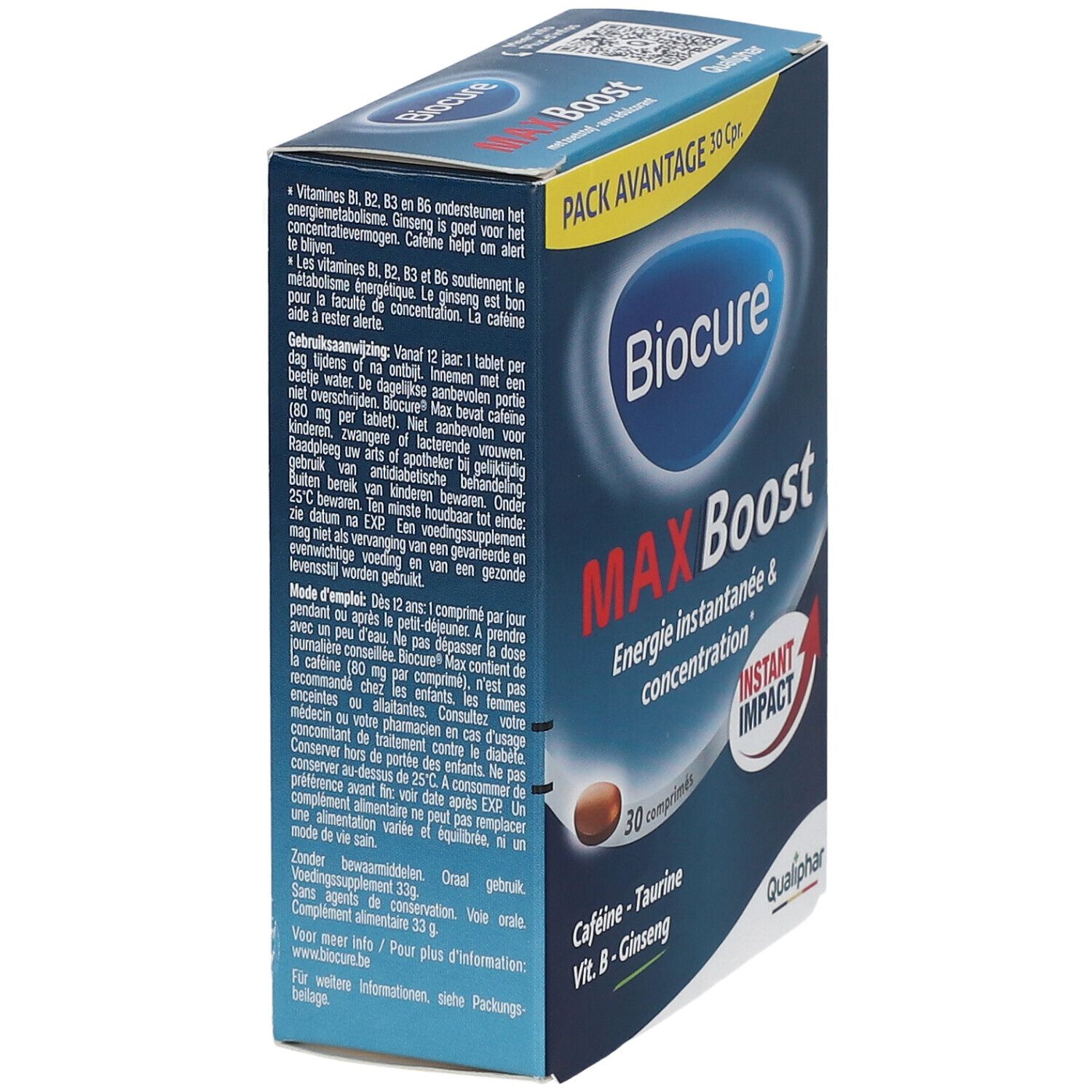 Doos Biocure MAX Boost, 30 tabletten. Bevat cafeïne, taurine, vitamine B en ginseng. Qualiphar-logo.