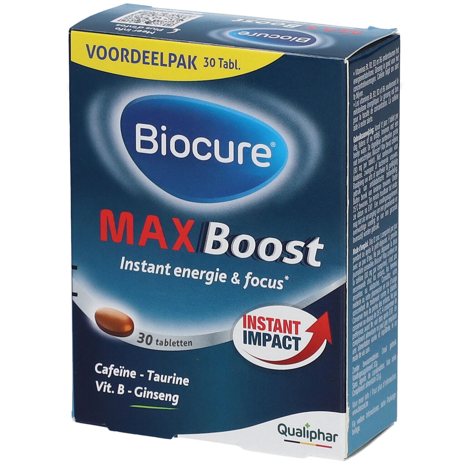 Doos Biocure MAX Boost, 30 tabletten. Bevat cafeïne, taurine, vitamine B en ginseng. Qualiphar-logo.