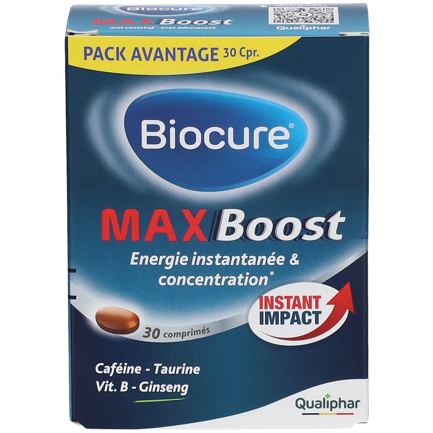 Doos Biocure MAX Boost, 30 tabletten. Bevat cafeïne, taurine, vitamine B en ginseng. Qualiphar-logo.