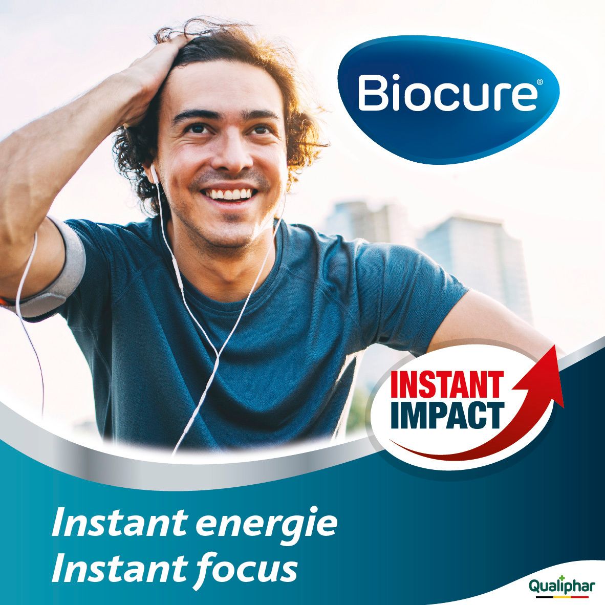 Doos Biocure MAX Boost, 30 tabletten. Bevat cafeïne, taurine, vitamine B en ginseng. Qualiphar-logo.