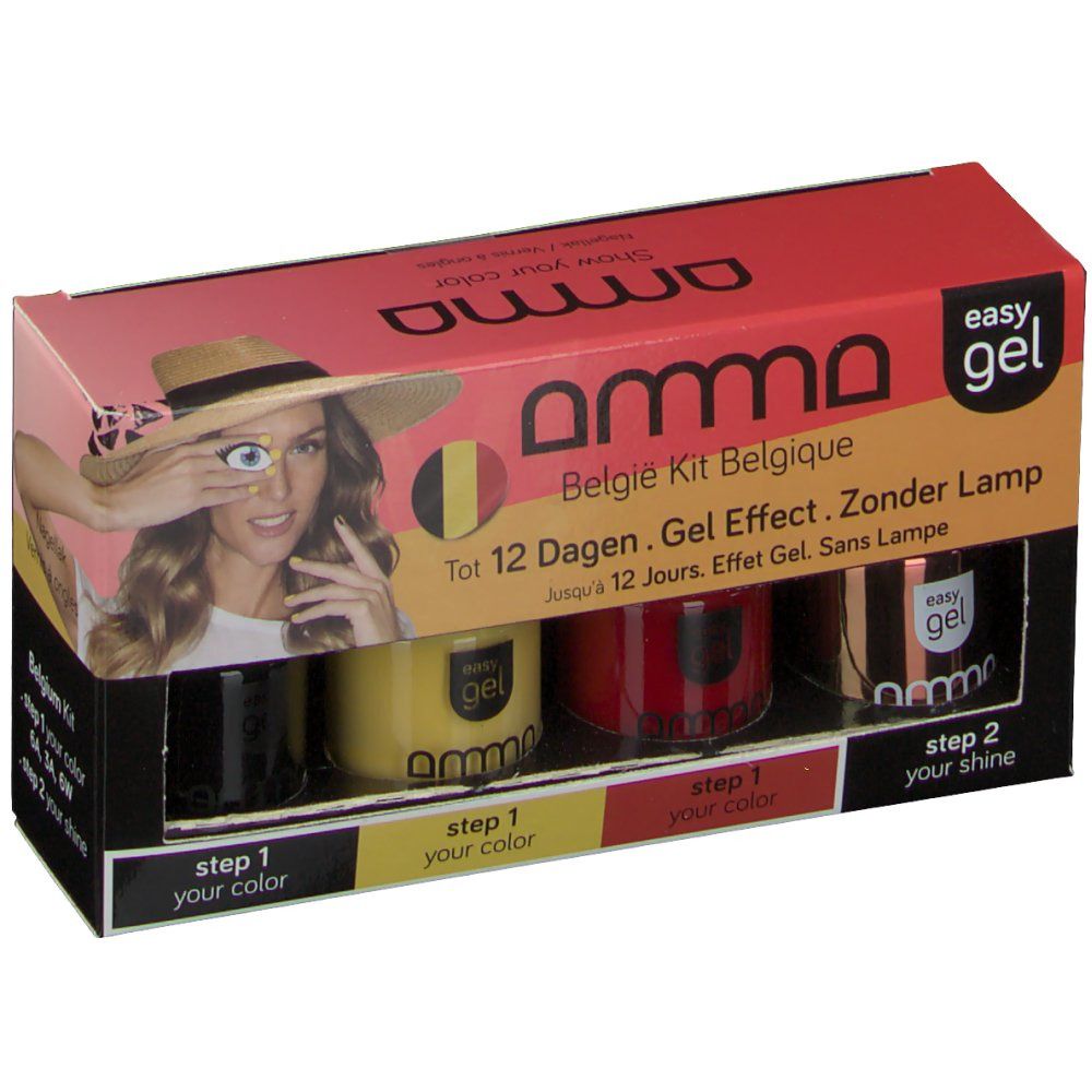 Coffret de vernis à ongles. Contient quatre flacons de couleurs jaune, rouge, noir et transparent. Inscription : Belgique Kit, easy gel.